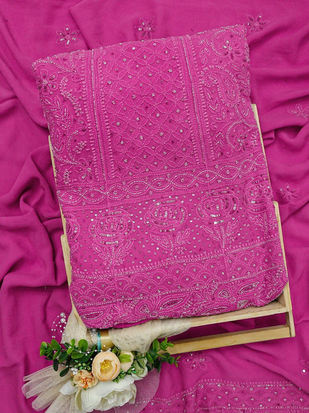 Ada Hand Embroidered Magenta Viscose Georgette Lucknowi Chikankari Semi-Stitched Anarkali Kurta Dupatta Set With Cutdana Work 01A777297
