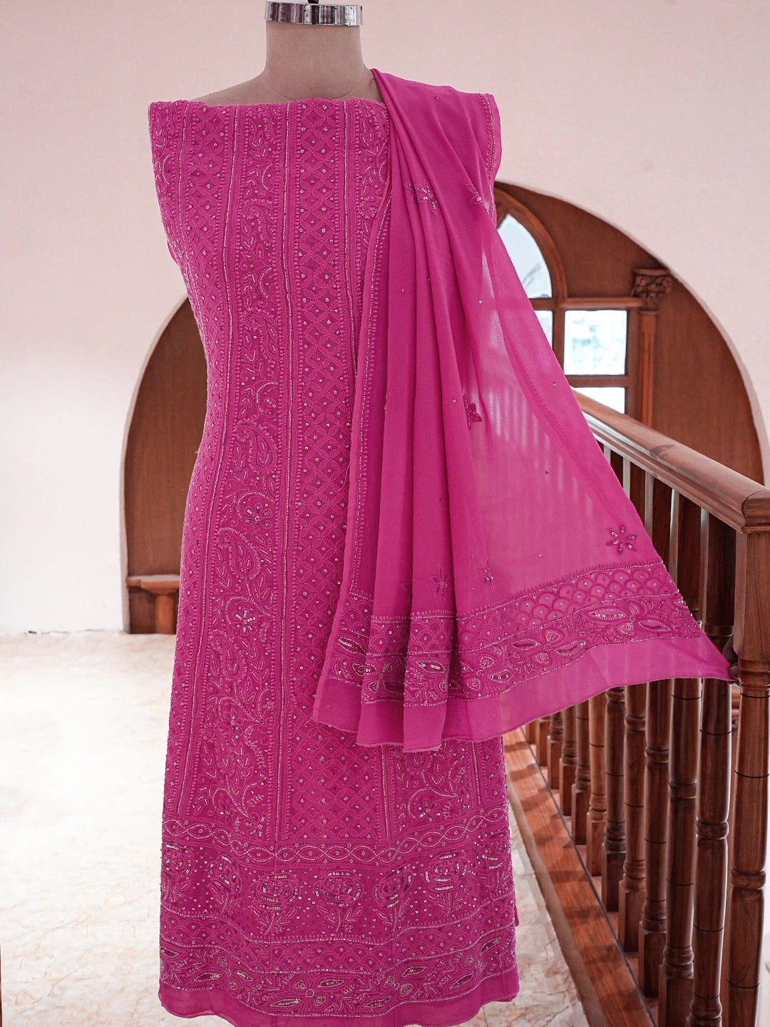 Ada Hand Embroidered Magenta Viscose Georgette Lucknowi Chikankari Semi-Stitched Anarkali Kurta Dupatta Set With Cutdana Work 01A777297