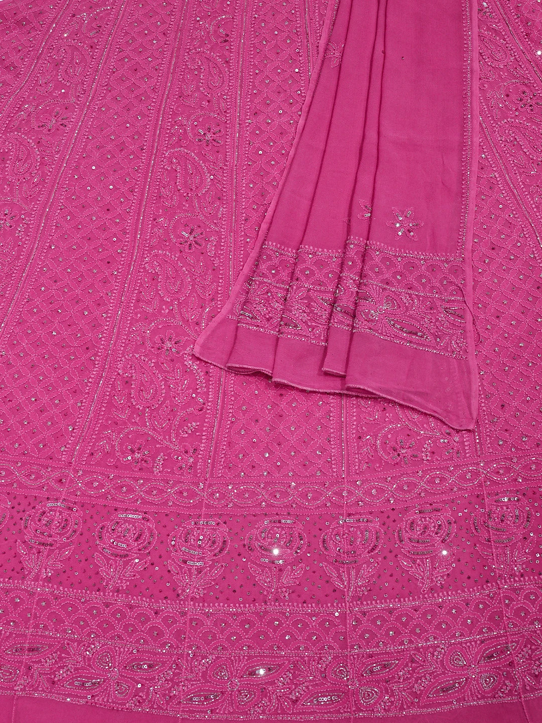 Ada Hand Embroidered Magenta Viscose Georgette Lucknowi Chikankari Semi-Stitched Anarkali Kurta Dupatta Set With Cutdana Work 01A777297