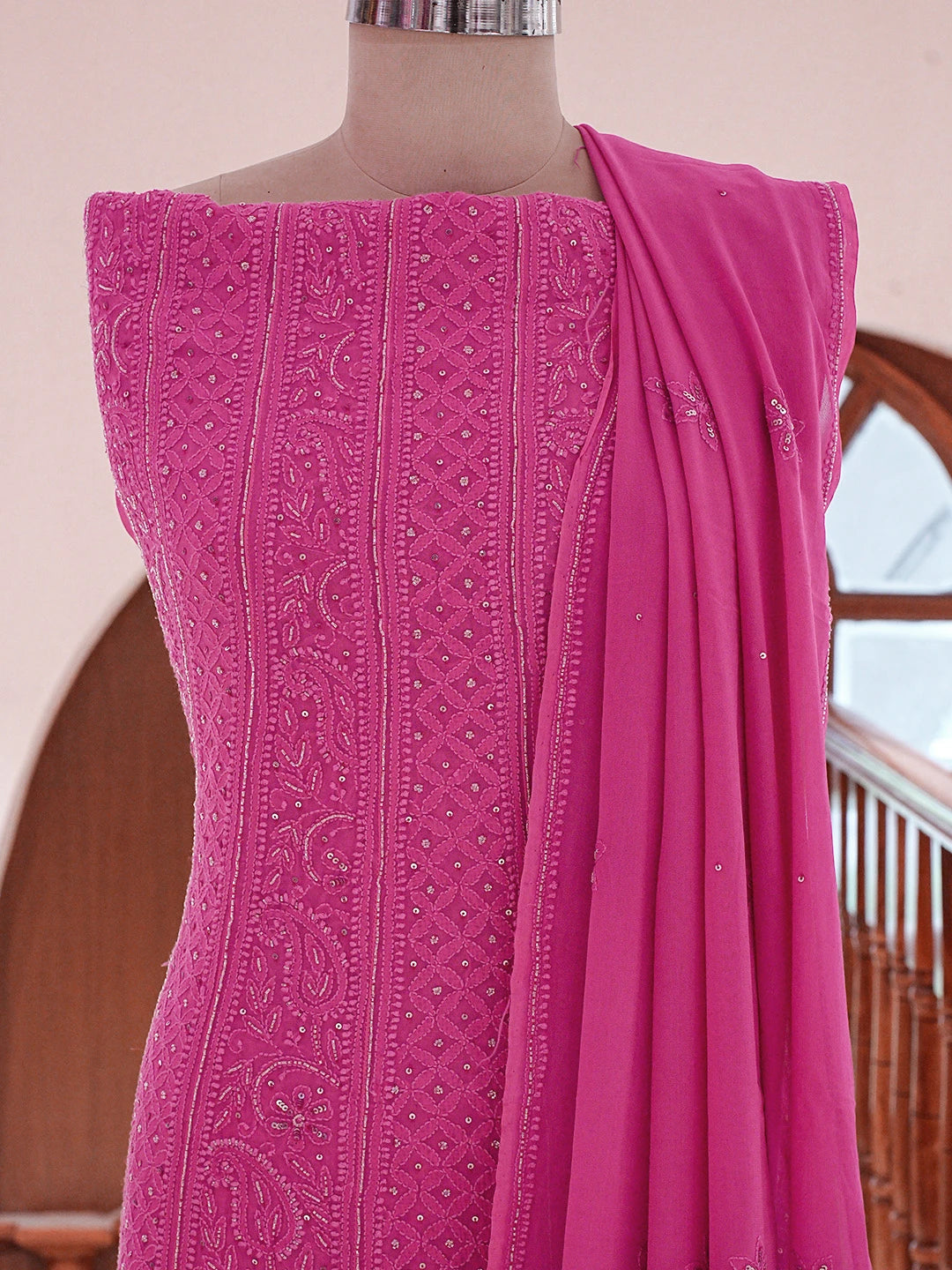Ada Hand Embroidered Magenta Viscose Georgette Lucknowi Chikankari Semi-Stitched Anarkali Kurta Dupatta Set With Cutdana Work 01A777297