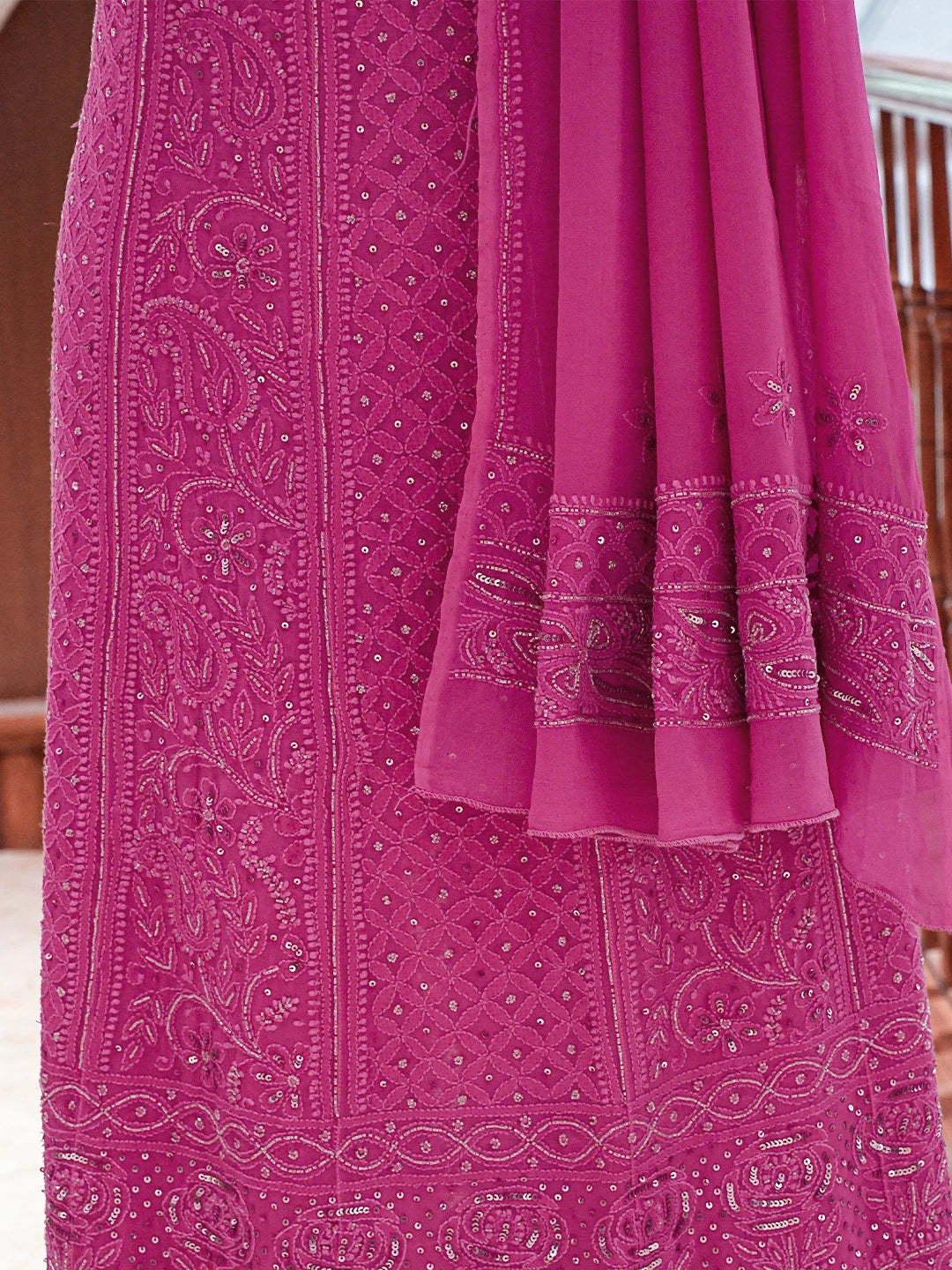 Ada Hand Embroidered Magenta Viscose Georgette Lucknowi Chikankari Semi-Stitched Anarkali Kurta Dupatta Set With Cutdana Work 01A777297