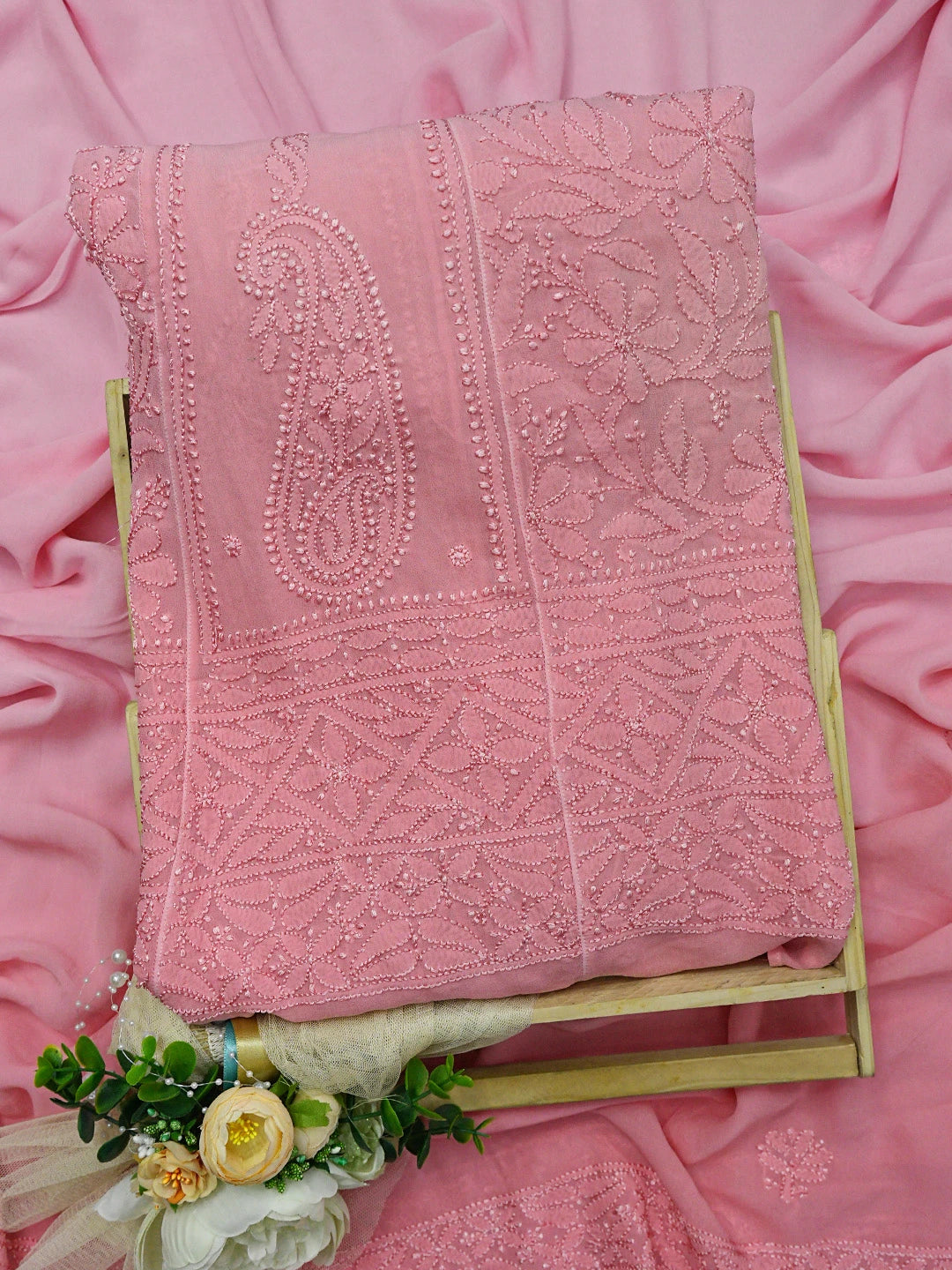 Ada Hand Embroidered Pink Viscose Georgette Lucknowi Chikankari Semi-Stitched Anarkali Kurta Dupatta Set 01A794904
