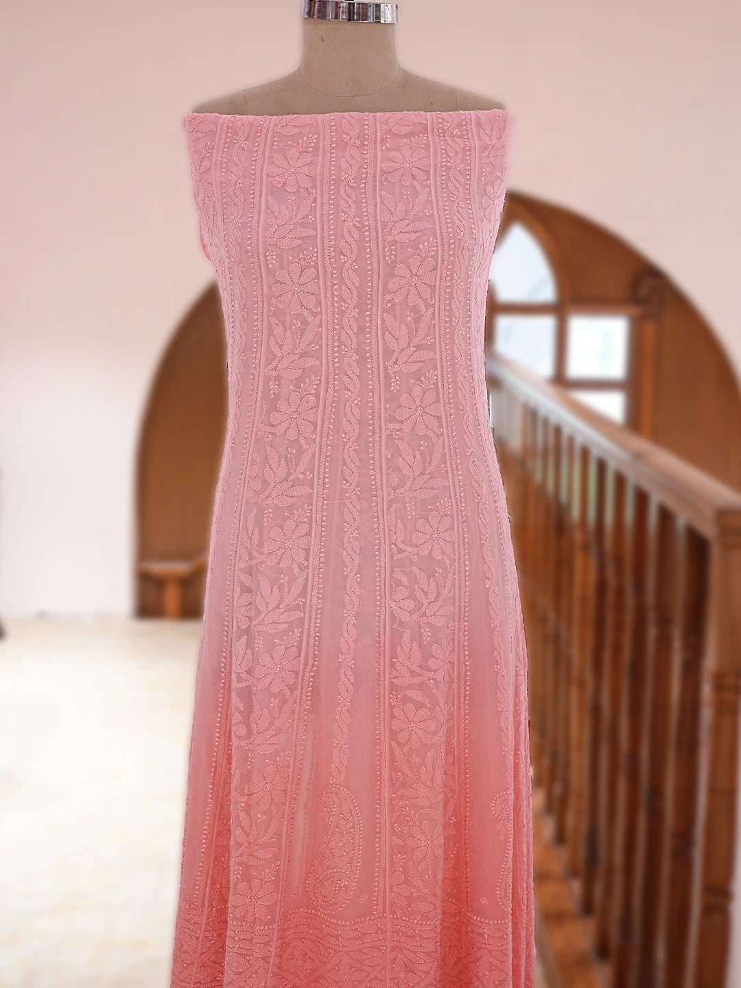 Ada Hand Embroidered Pink Viscose Georgette Lucknowi Chikankari Semi-Stitched Anarkali Kurta Dupatta Set 01A794904