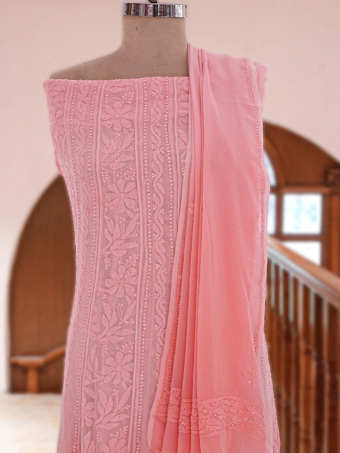 Ada Hand Embroidered Pink Viscose Georgette Lucknowi Chikankari Semi-Stitched Anarkali Kurta Dupatta Set 01A794904