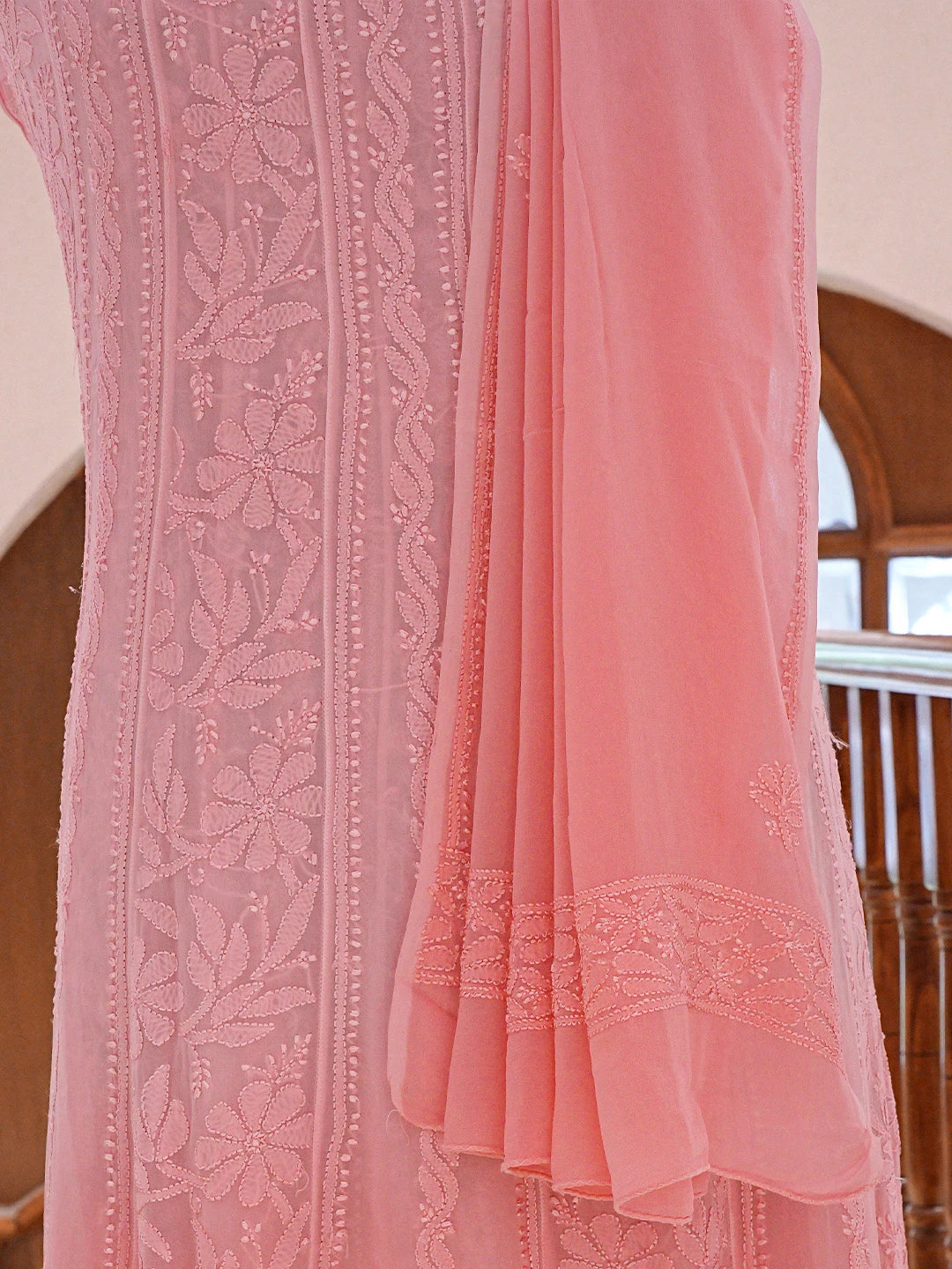 Ada Hand Embroidered Pink Viscose Georgette Lucknowi Chikankari Semi-Stitched Anarkali Kurta Dupatta Set 01A794904