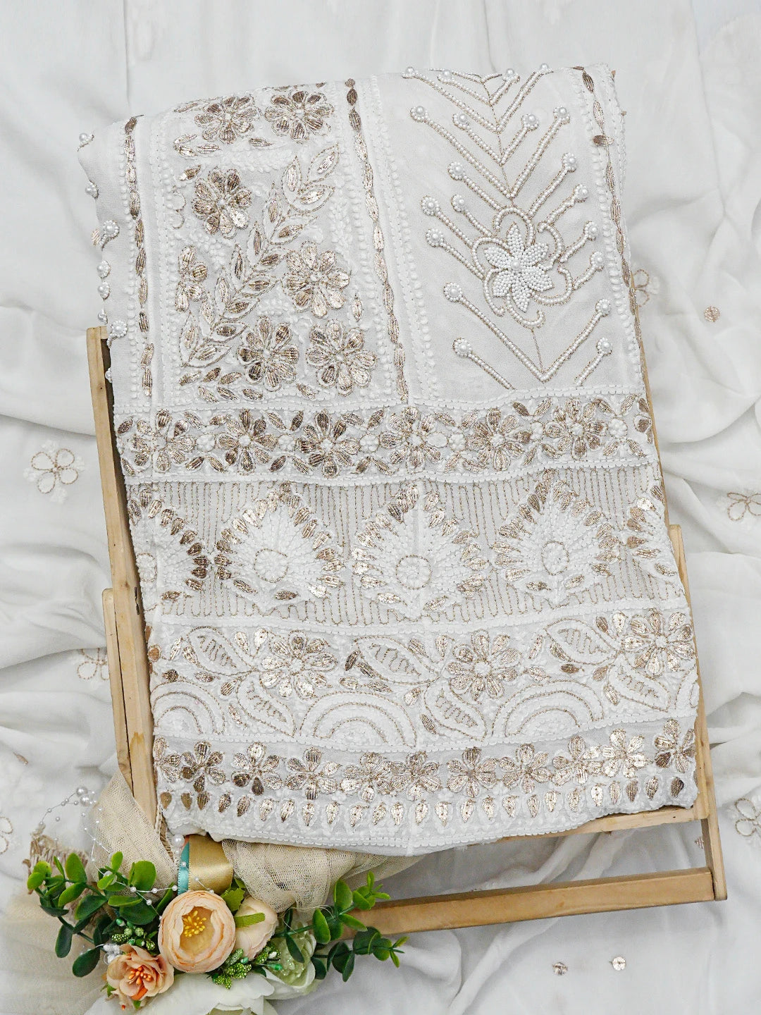 Ada Hand Embroidered White Viscose Georgette Lucknowi Chikankari Semi-Stitched Anarkali Kurta Dupatta Set With Gotapatti Work 01A828690