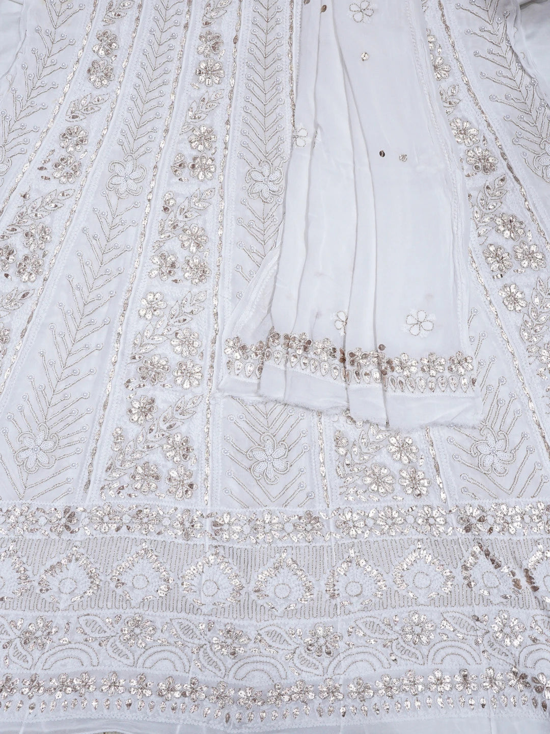 Ada Hand Embroidered White Viscose Georgette Lucknowi Chikankari Semi-Stitched Anarkali Kurta Dupatta Set With Gotapatti Work 01A828690