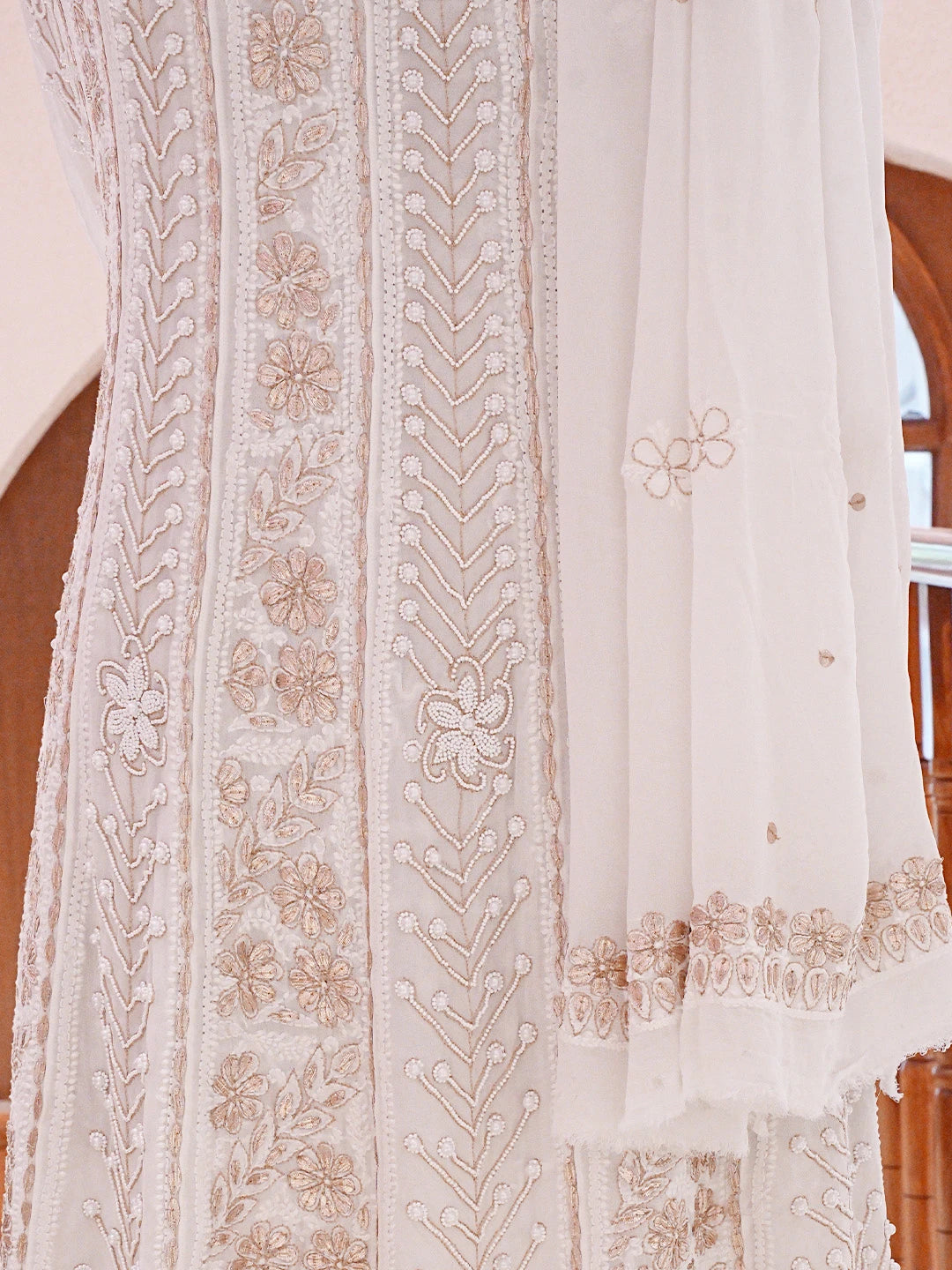 Ada Hand Embroidered White Viscose Georgette Lucknowi Chikankari Semi-Stitched Anarkali Kurta Dupatta Set With Gotapatti Work 01A828690