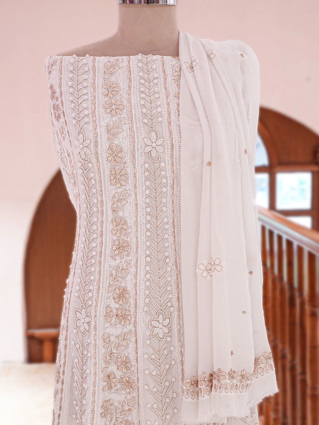 Ada Hand Embroidered White Viscose Georgette Lucknowi Chikankari Semi-Stitched Anarkali Kurta Dupatta Set With Gotapatti Work 01A828690