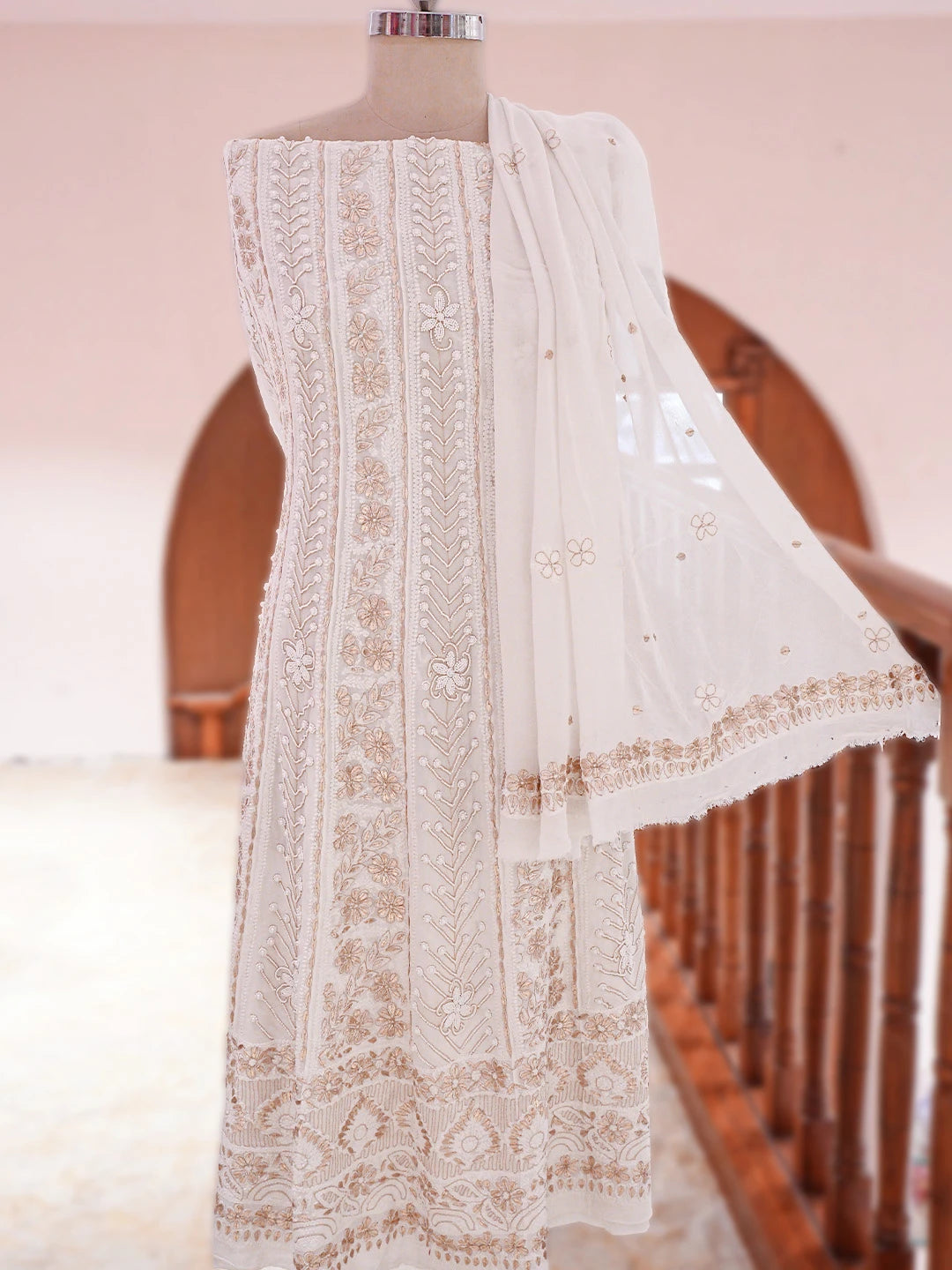 Ada Hand Embroidered White Viscose Georgette Lucknowi Chikankari Semi-Stitched Anarkali Kurta Dupatta Set With Gotapatti Work 01A828690