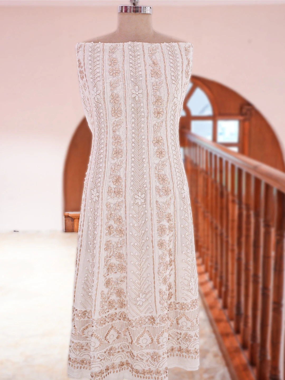 Ada Hand Embroidered White Viscose Georgette Lucknowi Chikankari Semi-Stitched Anarkali Kurta Dupatta Set With Gotapatti Work 01A828690