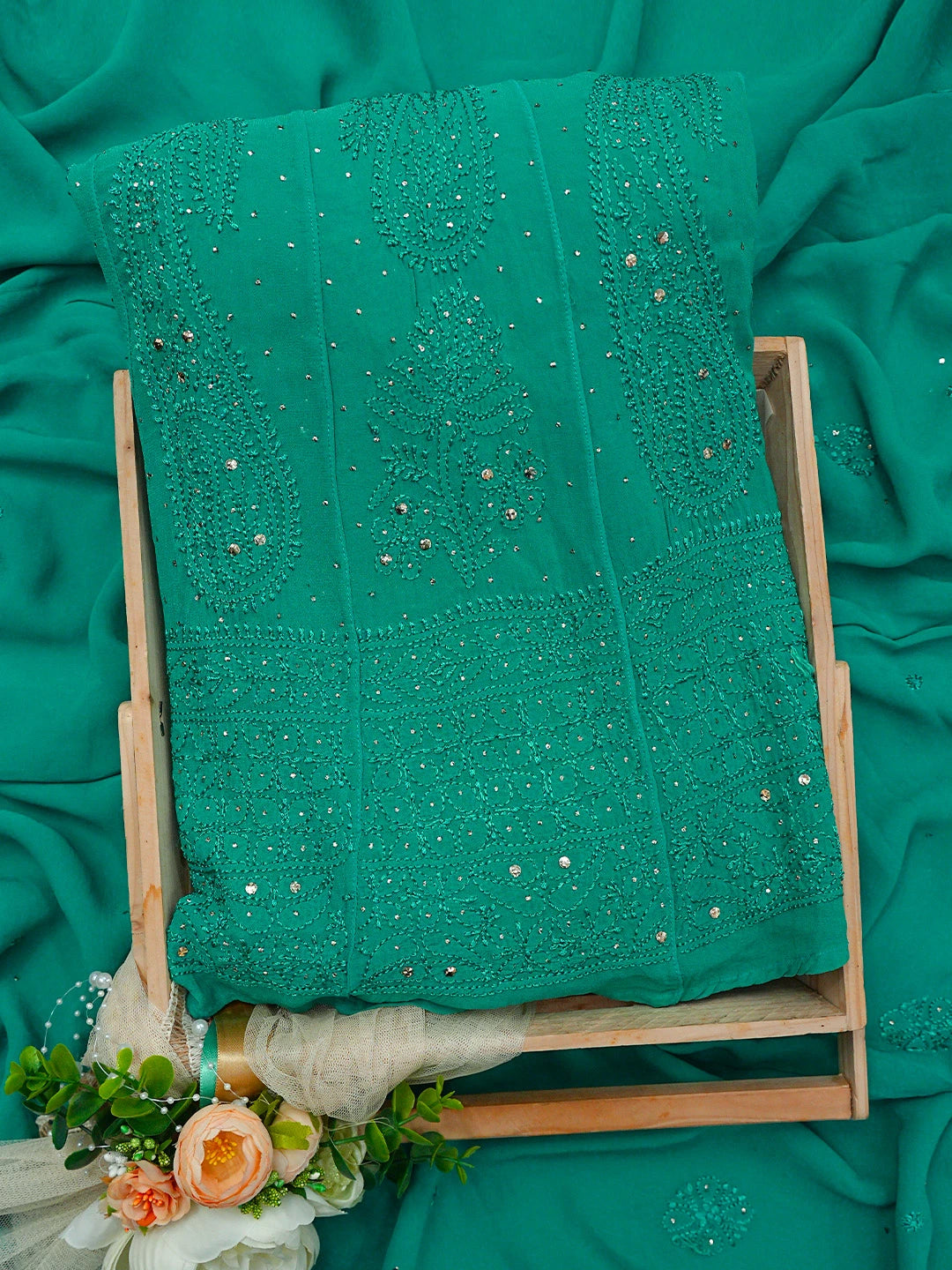 Ada Hand Embroidered Rama Green Viscose Georgette Lucknowi Chikankari Semi-Stitched Anarkali Kurta Dupatta Set With Mukaish Work 01A704532