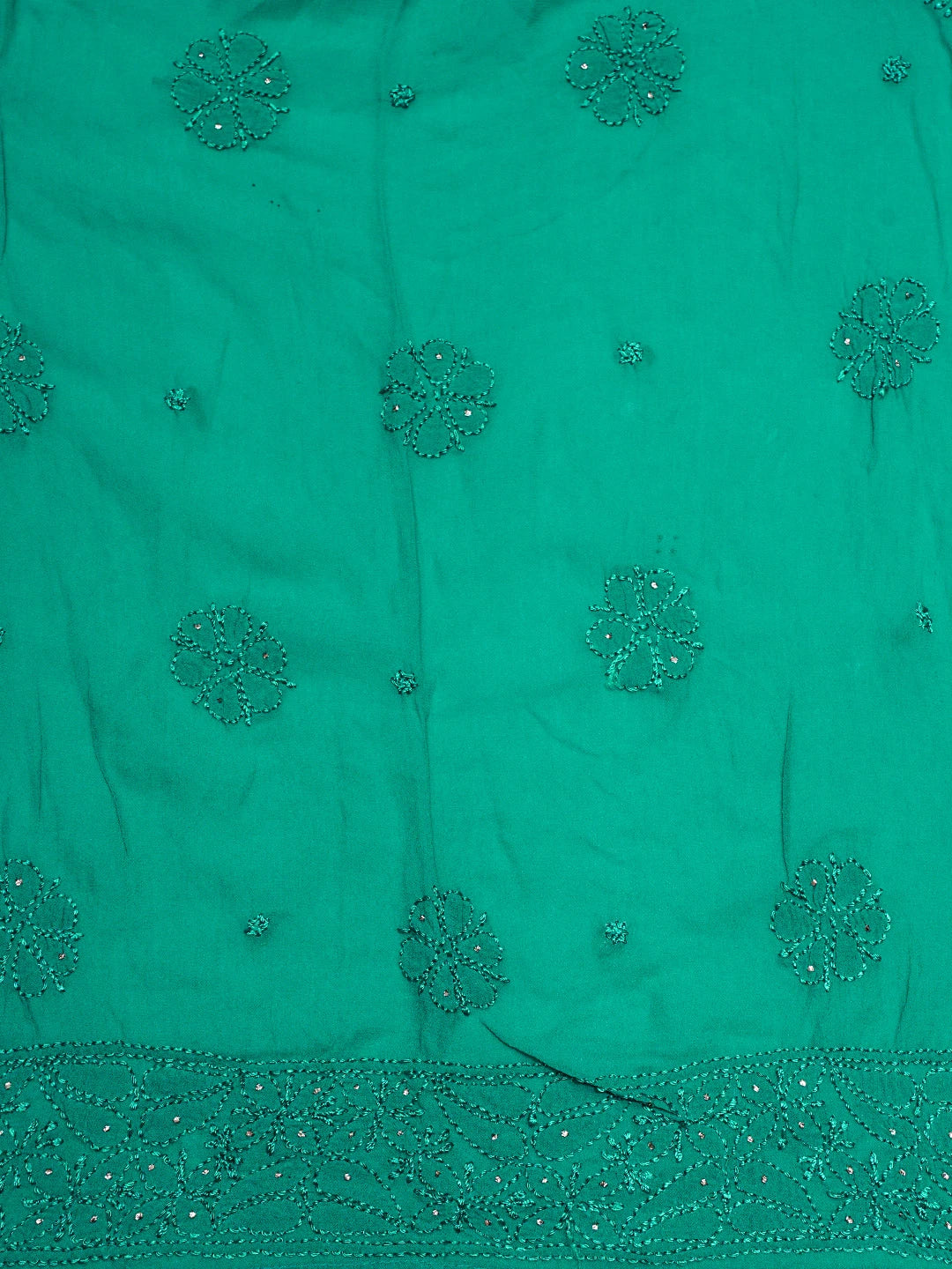 Ada Hand Embroidered Rama Green Viscose Georgette Lucknowi Chikankari Semi-Stitched Anarkali Kurta Dupatta Set With Mukaish Work 01A704532