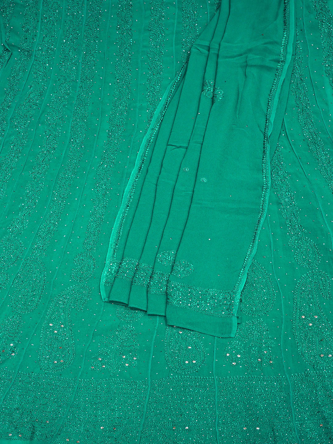 Ada Hand Embroidered Rama Green Viscose Georgette Lucknowi Chikankari Semi-Stitched Anarkali Kurta Dupatta Set With Mukaish Work 01A704532