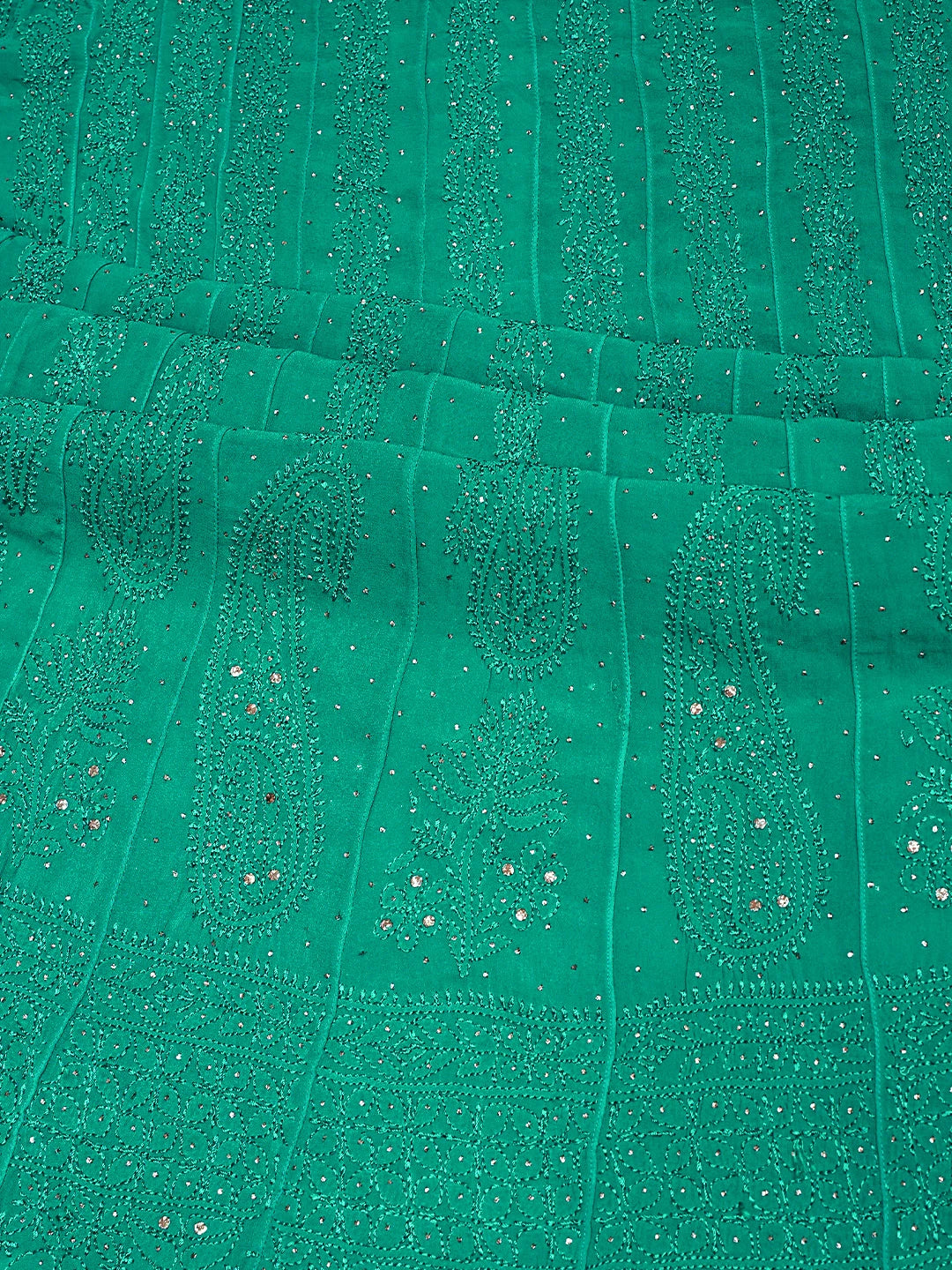 Ada Hand Embroidered Rama Green Viscose Georgette Lucknowi Chikankari Semi-Stitched Anarkali Kurta Dupatta Set With Mukaish Work 01A704532