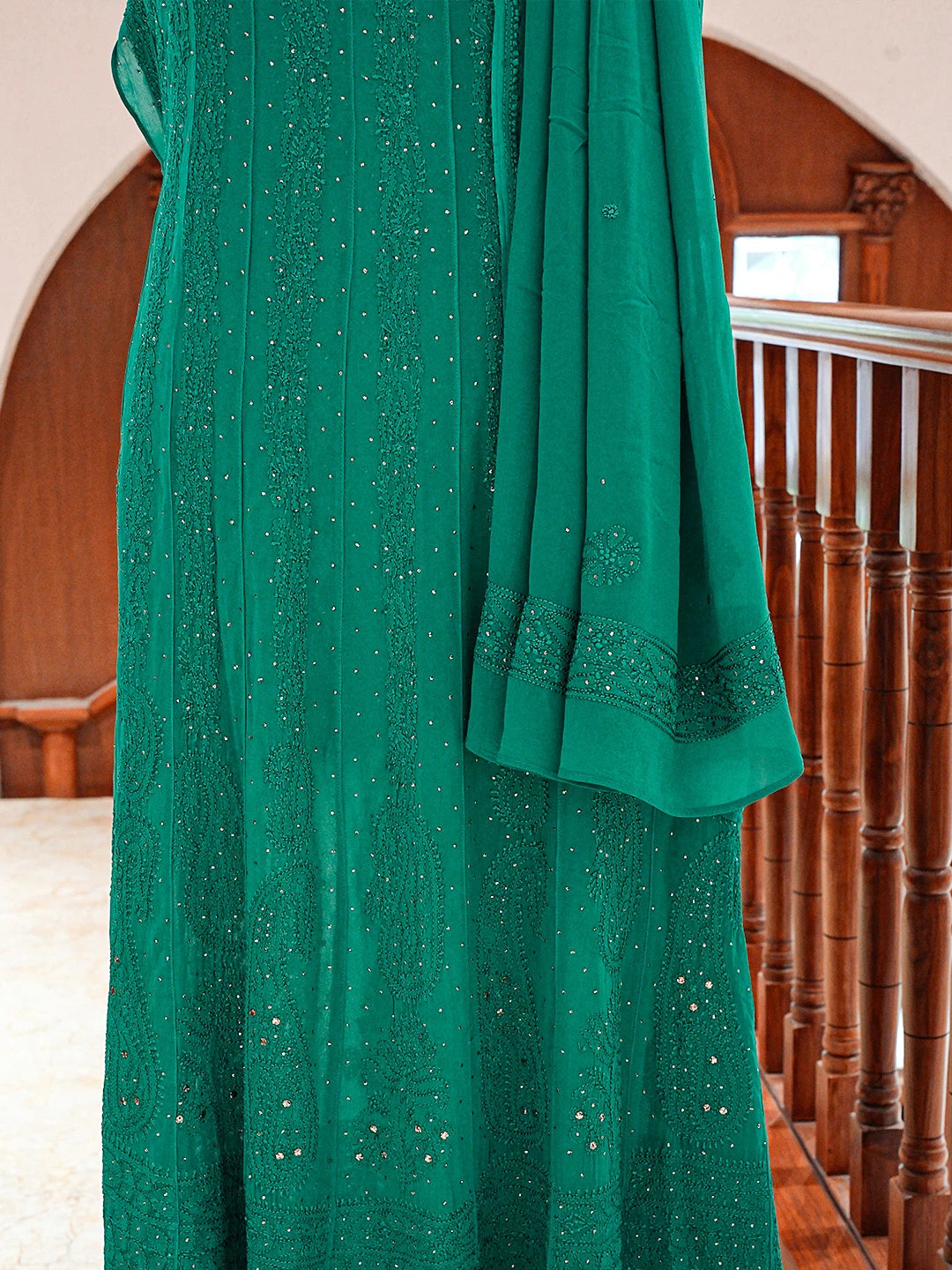 Ada Hand Embroidered Rama Green Viscose Georgette Lucknowi Chikankari Semi-Stitched Anarkali Kurta Dupatta Set With Mukaish Work 01A704532