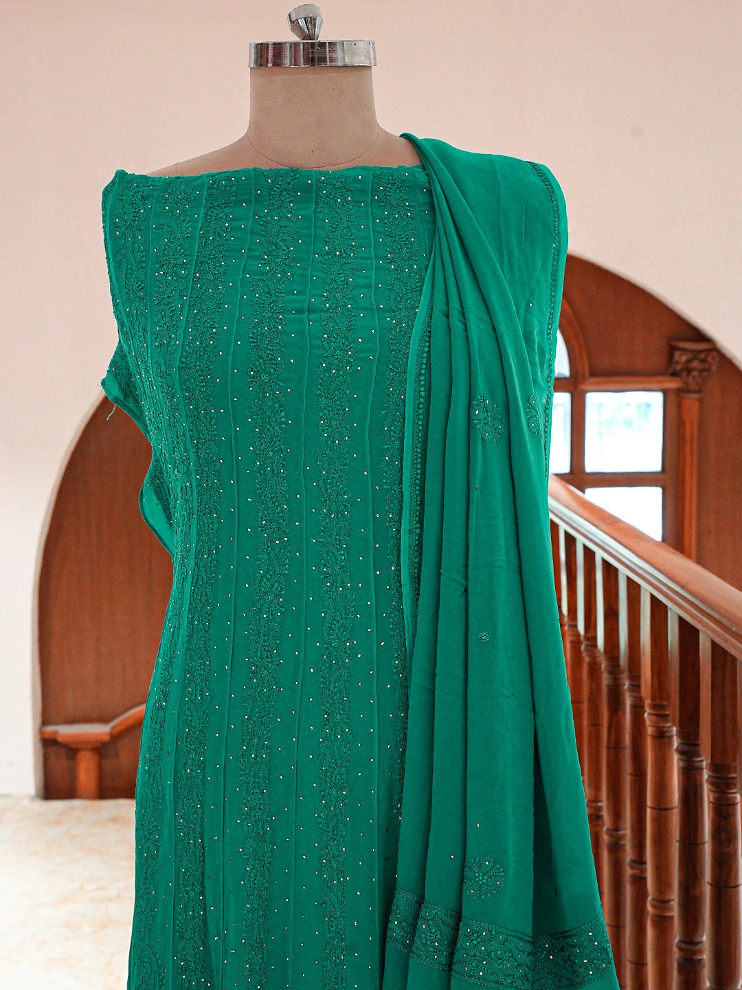 Ada Hand Embroidered Rama Green Viscose Georgette Lucknowi Chikankari Semi-Stitched Anarkali Kurta Dupatta Set With Mukaish Work 01A704532