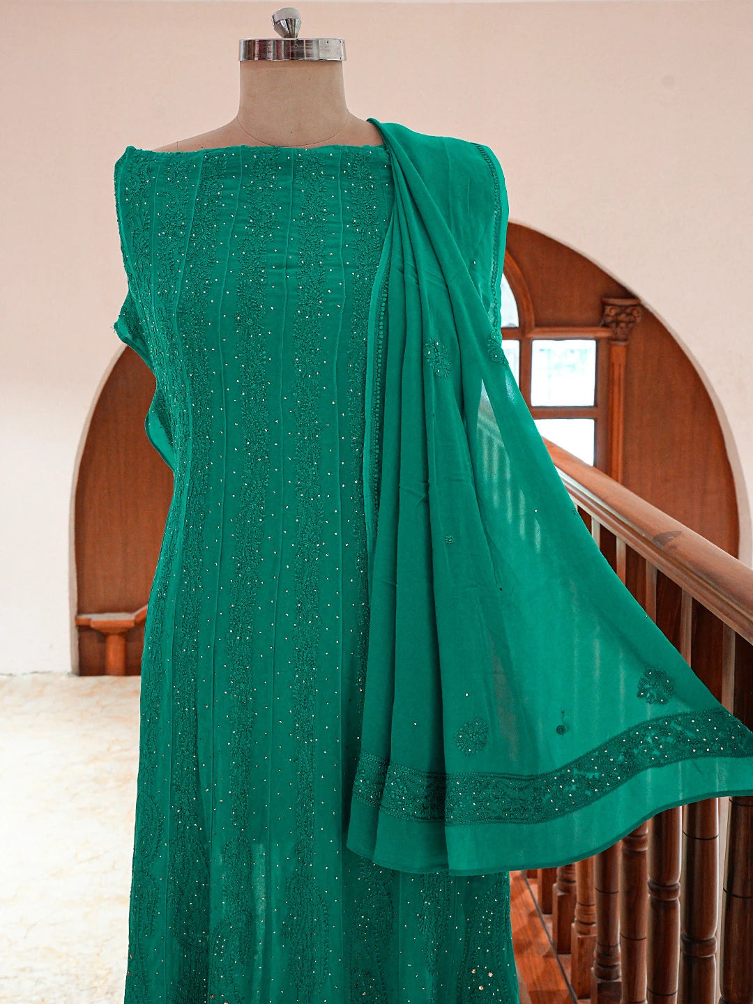 Ada Hand Embroidered Rama Green Viscose Georgette Lucknowi Chikankari Semi-Stitched Anarkali Kurta Dupatta Set With Mukaish Work 01A704532