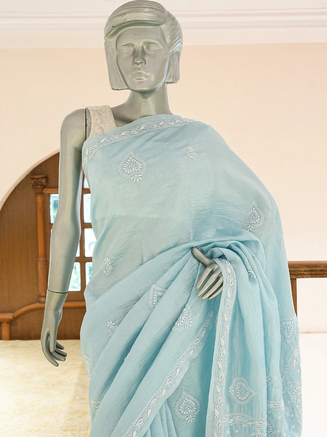 Ada Hand Embroidered Uranian Blue Silk Lucknowi Chikankari Saree and Blouse 01A781639