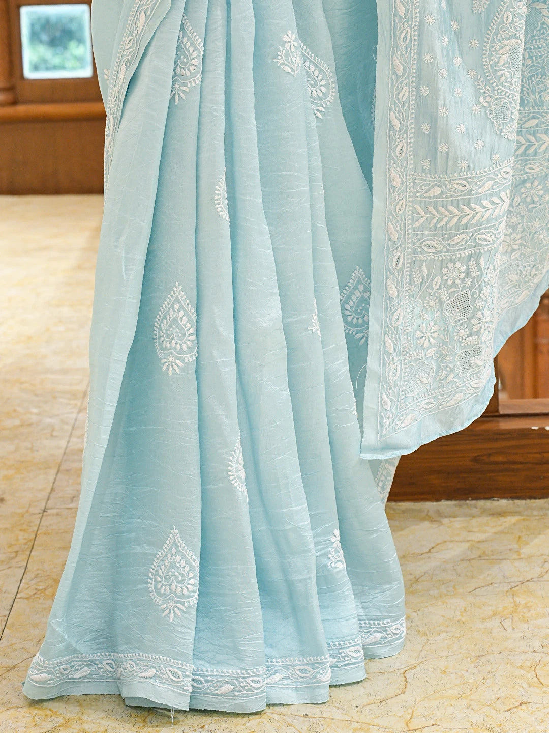 Ada Hand Embroidered Uranian Blue Silk Lucknowi Chikankari Saree and Blouse 01A781639