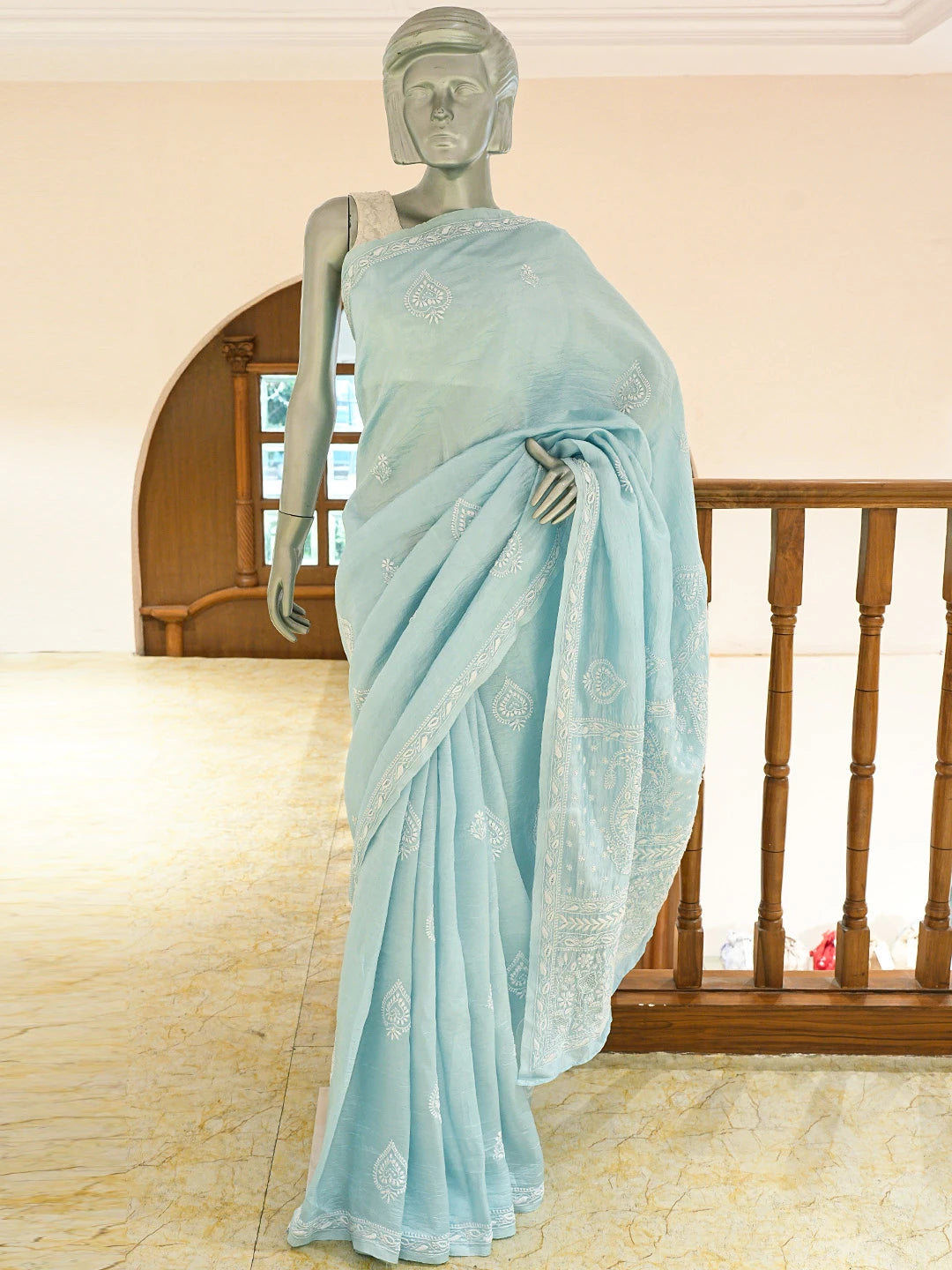 Ada Hand Embroidered Uranian Blue Silk Lucknowi Chikankari Saree and Blouse 01A781639