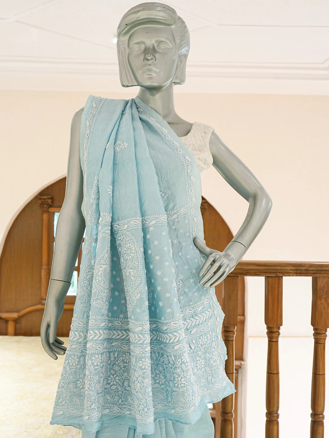 Ada Hand Embroidered Uranian Blue Silk Lucknowi Chikankari Saree and Blouse 01A781639