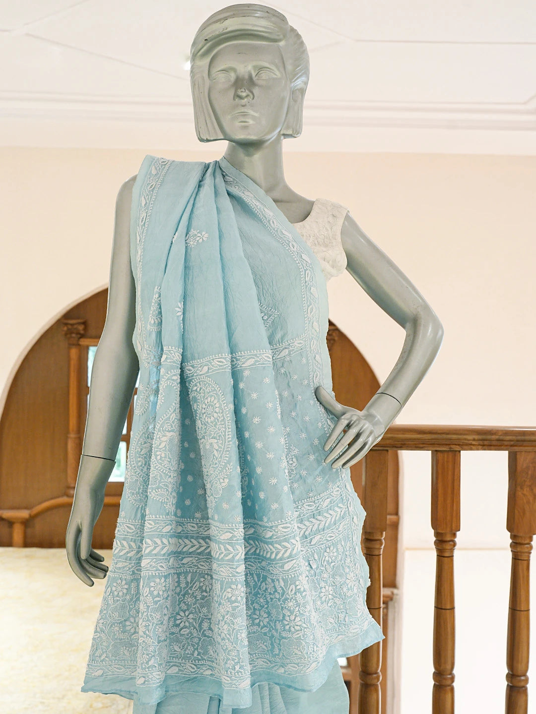 Ada Hand Embroidered Uranian Blue Silk Lucknowi Chikankari Saree and Blouse 01A781639