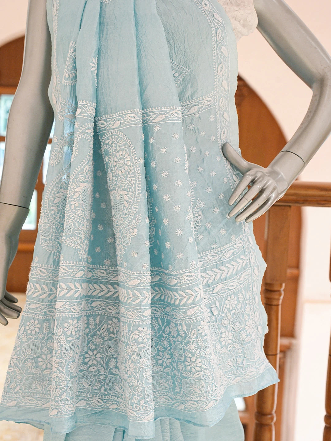 Ada Hand Embroidered Uranian Blue Silk Lucknowi Chikankari Saree and Blouse 01A781639
