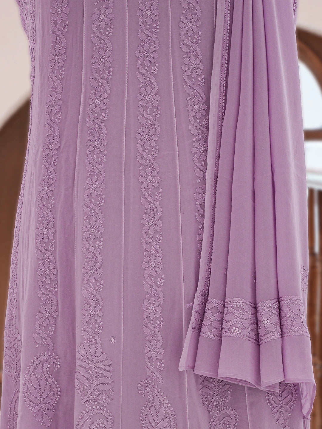Ada Hand Embroidered Mauve Viscose Georgette Lucknowi Chikankari Semi-Stitched Anarkali Kurta Dupatta Set 01A758656