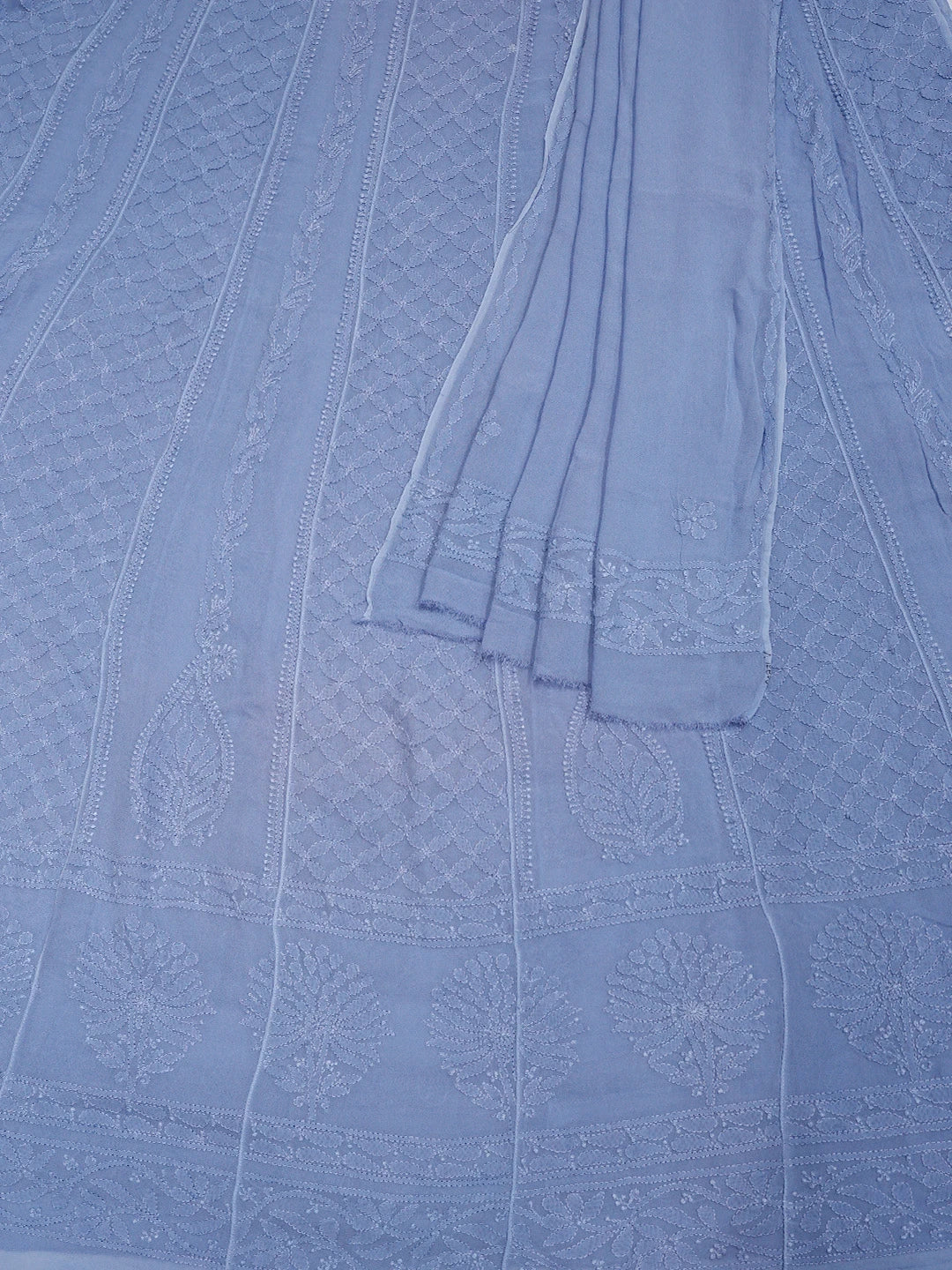 Ada Hand Embroidered Blue Viscose Georgette Lucknowi Chikankari Semi-Stitched Anarkali Kurta Dupatta Set 01A807123