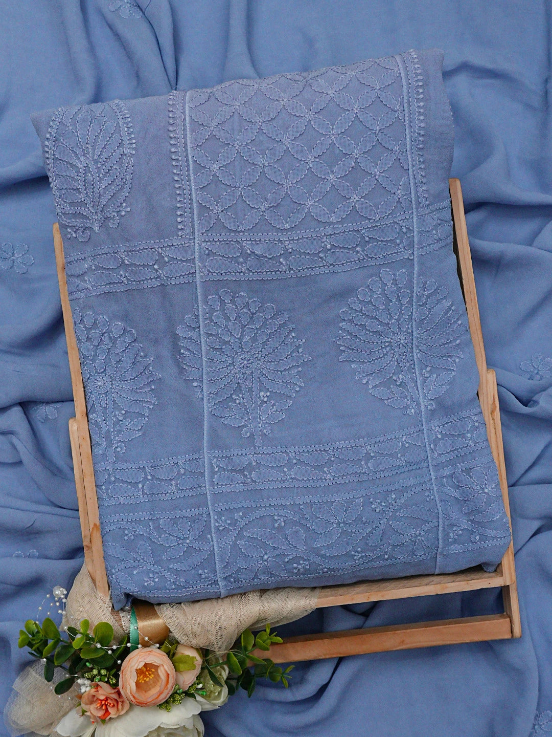 Ada Hand Embroidered Blue Viscose Georgette Lucknowi Chikankari Semi-Stitched Anarkali Kurta Dupatta Set 01A807123