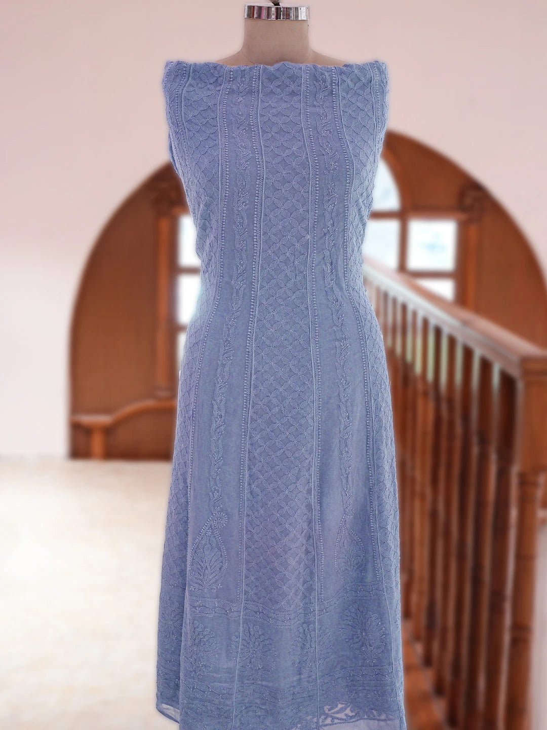 Ada Hand Embroidered Blue Viscose Georgette Lucknowi Chikankari Semi-Stitched Anarkali Kurta Dupatta Set 01A807123