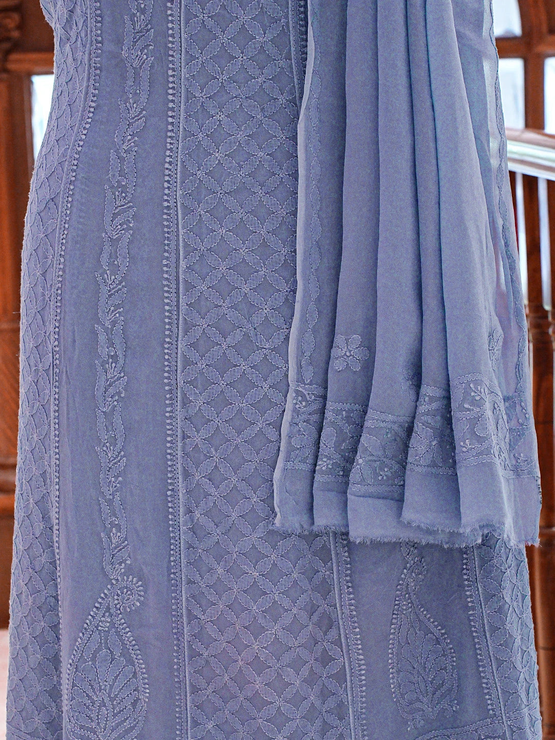 Ada Hand Embroidered Blue Viscose Georgette Lucknowi Chikankari Semi-Stitched Anarkali Kurta Dupatta Set 01A807123