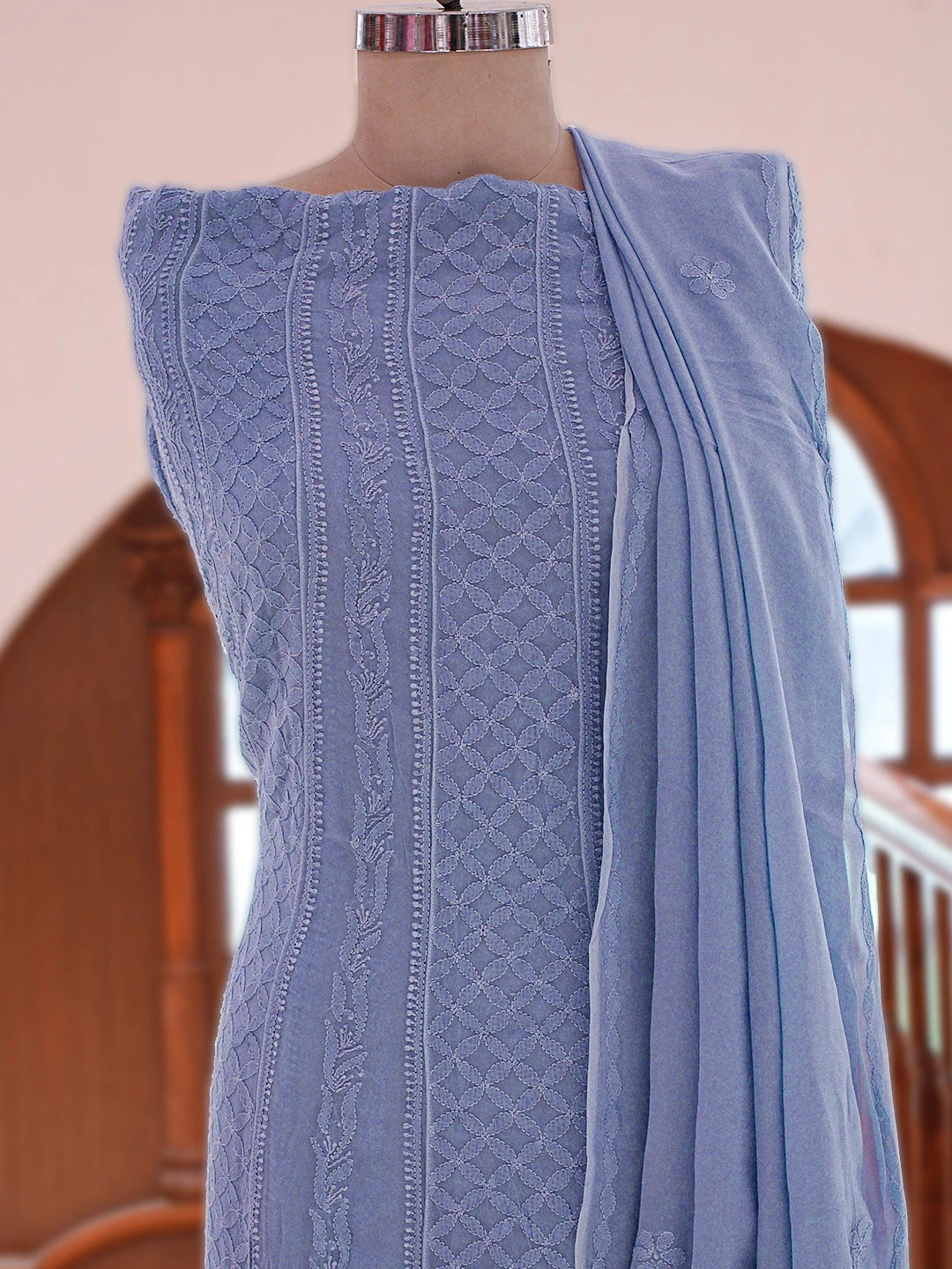 Ada Hand Embroidered Blue Viscose Georgette Lucknowi Chikankari Semi-Stitched Anarkali Kurta Dupatta Set 01A807123