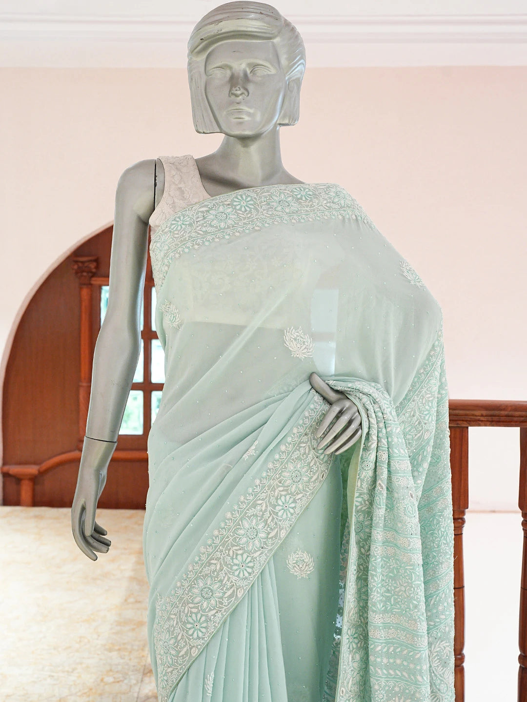 Ada Hand Embroidered Sea Green Pure Georgette Lucknowi Chikankari Saree and Blouse With Cutdana Work 01A553099