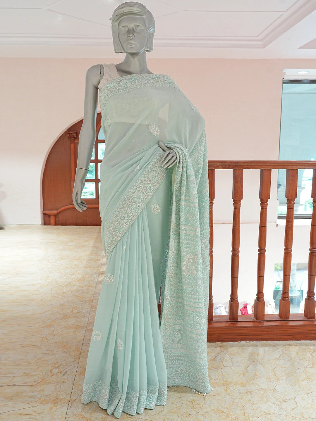 Ada Hand Embroidered Sea Green Pure Georgette Lucknowi Chikankari Saree and Blouse With Cutdana Work 01A553099