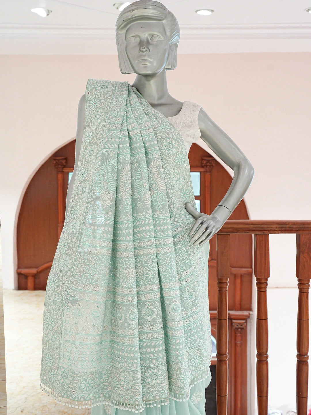 Ada Hand Embroidered Sea Green Pure Georgette Lucknowi Chikankari Saree and Blouse With Cutdana Work 01A553099