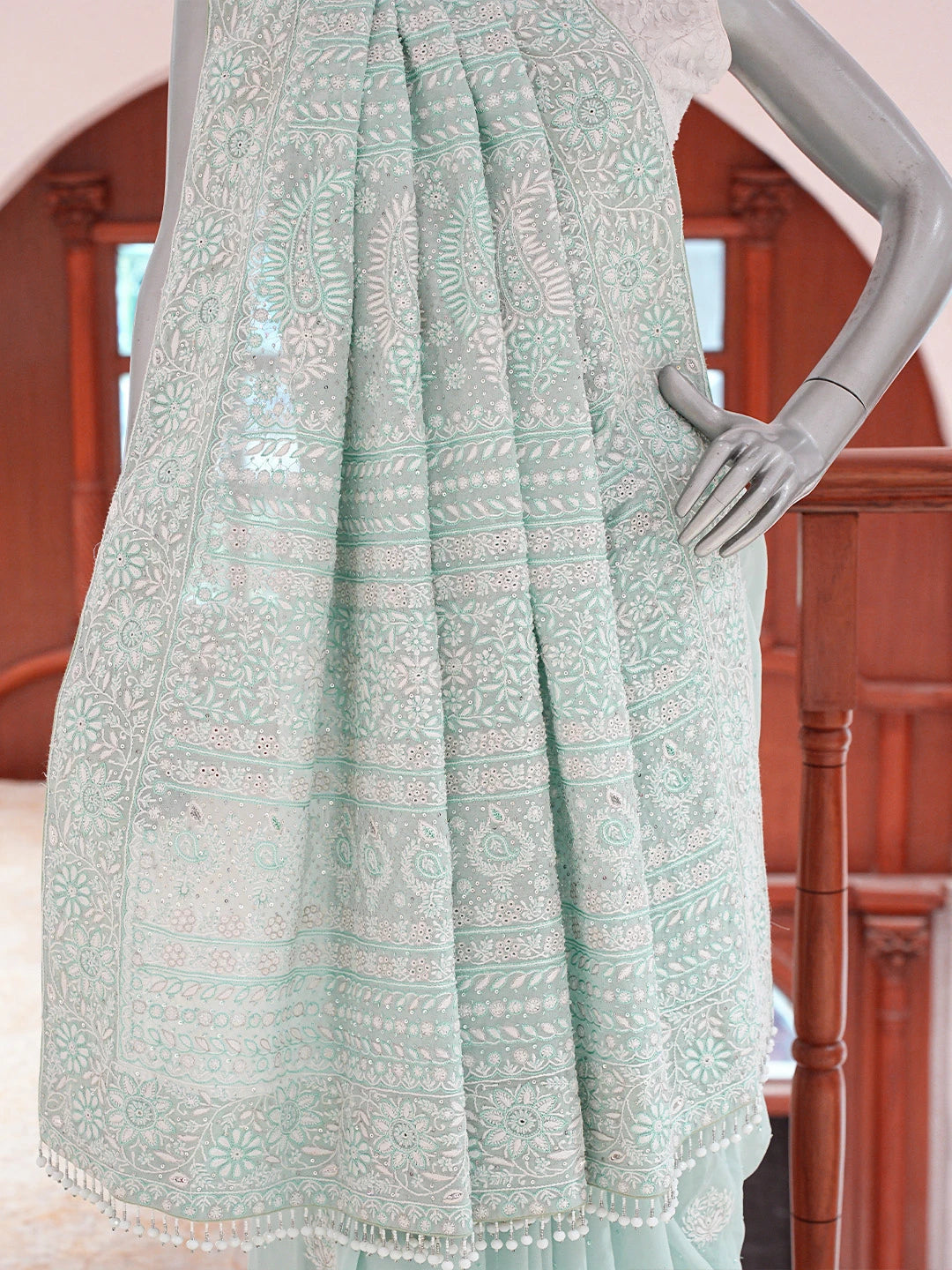 Ada Hand Embroidered Sea Green Pure Georgette Lucknowi Chikankari Saree and Blouse With Cutdana Work 01A553099