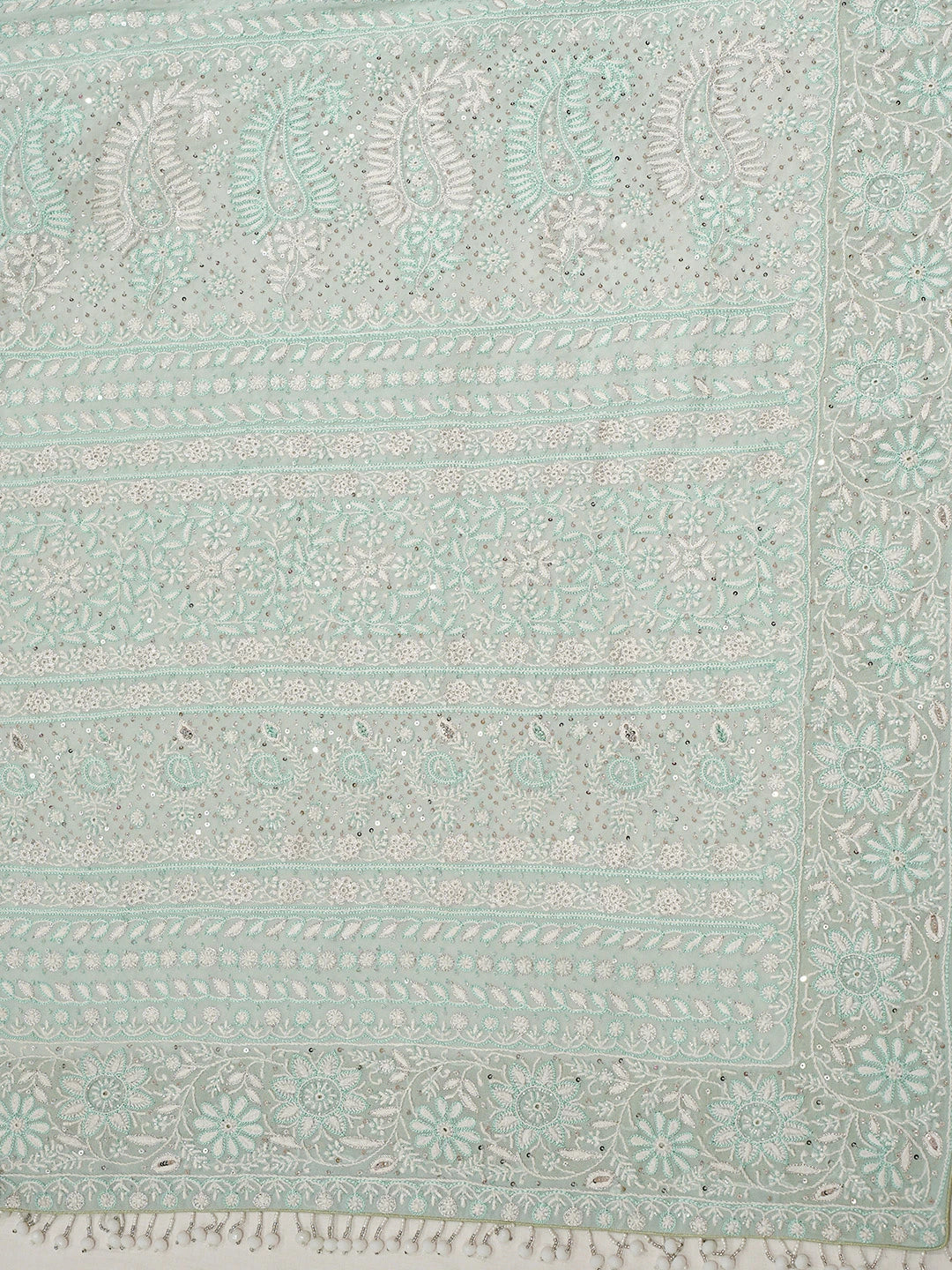 Ada Hand Embroidered Sea Green Pure Georgette Lucknowi Chikankari Saree and Blouse With Cutdana Work 01A553099