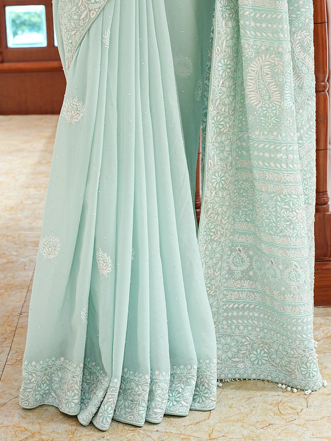Ada Hand Embroidered Sea Green Pure Georgette Lucknowi Chikankari Saree and Blouse With Cutdana Work 01A553099