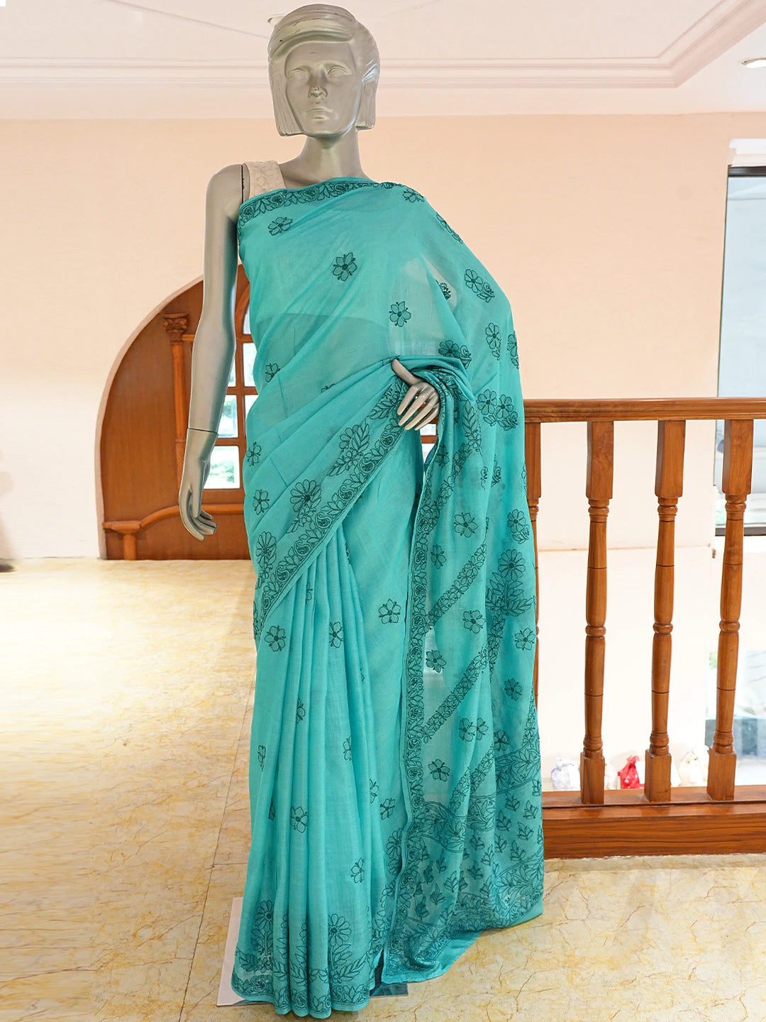 Ada Hand Embroidered Rama Green Silk Lucknowi Chikankari Saree and Blouse 01A591551