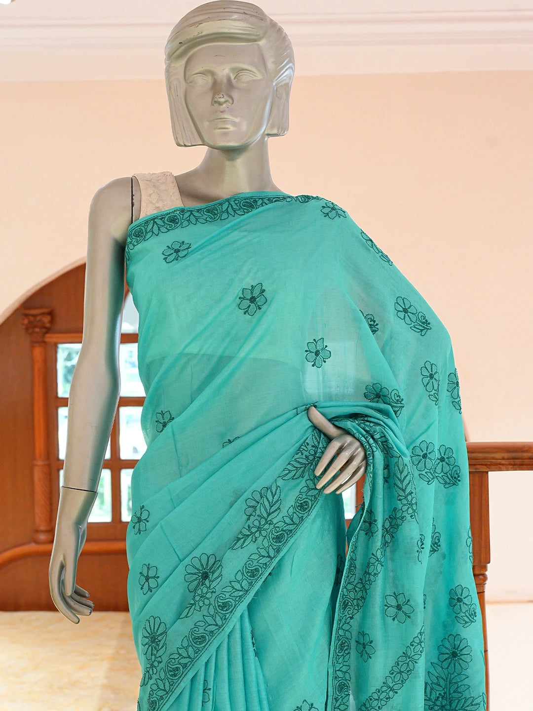 Ada Hand Embroidered Rama Green Silk Lucknowi Chikankari Saree and Blouse 01A591551