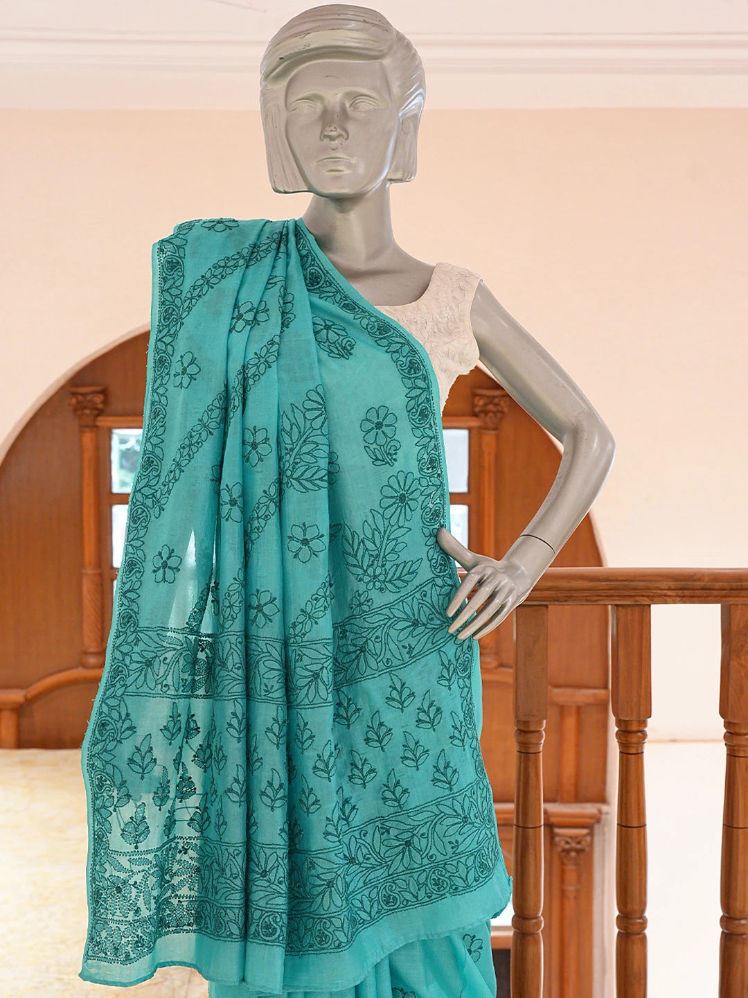 Ada Hand Embroidered Rama Green Silk Lucknowi Chikankari Saree and Blouse 01A591551