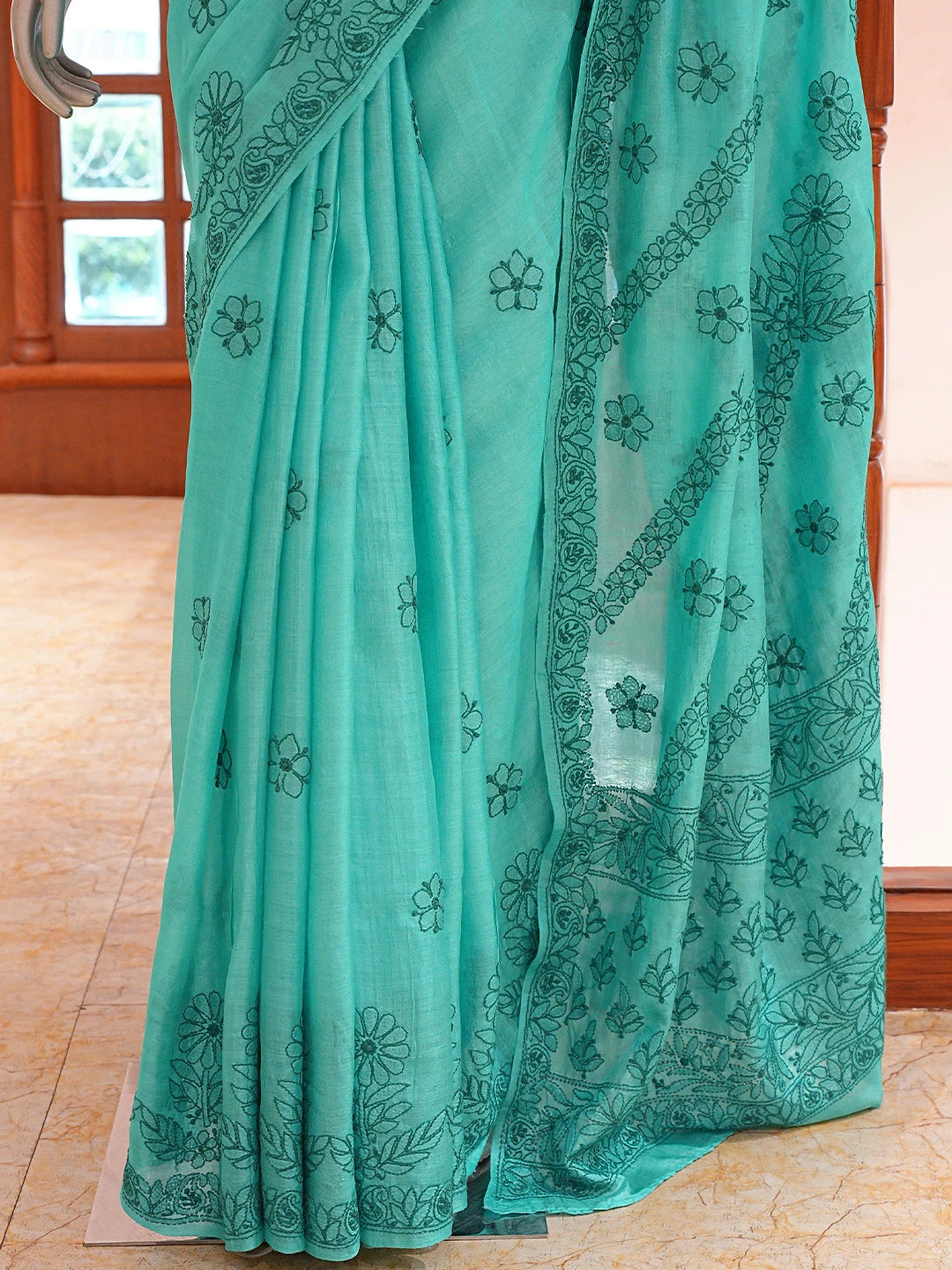 Ada Hand Embroidered Rama Green Silk Lucknowi Chikankari Saree and Blouse 01A591551