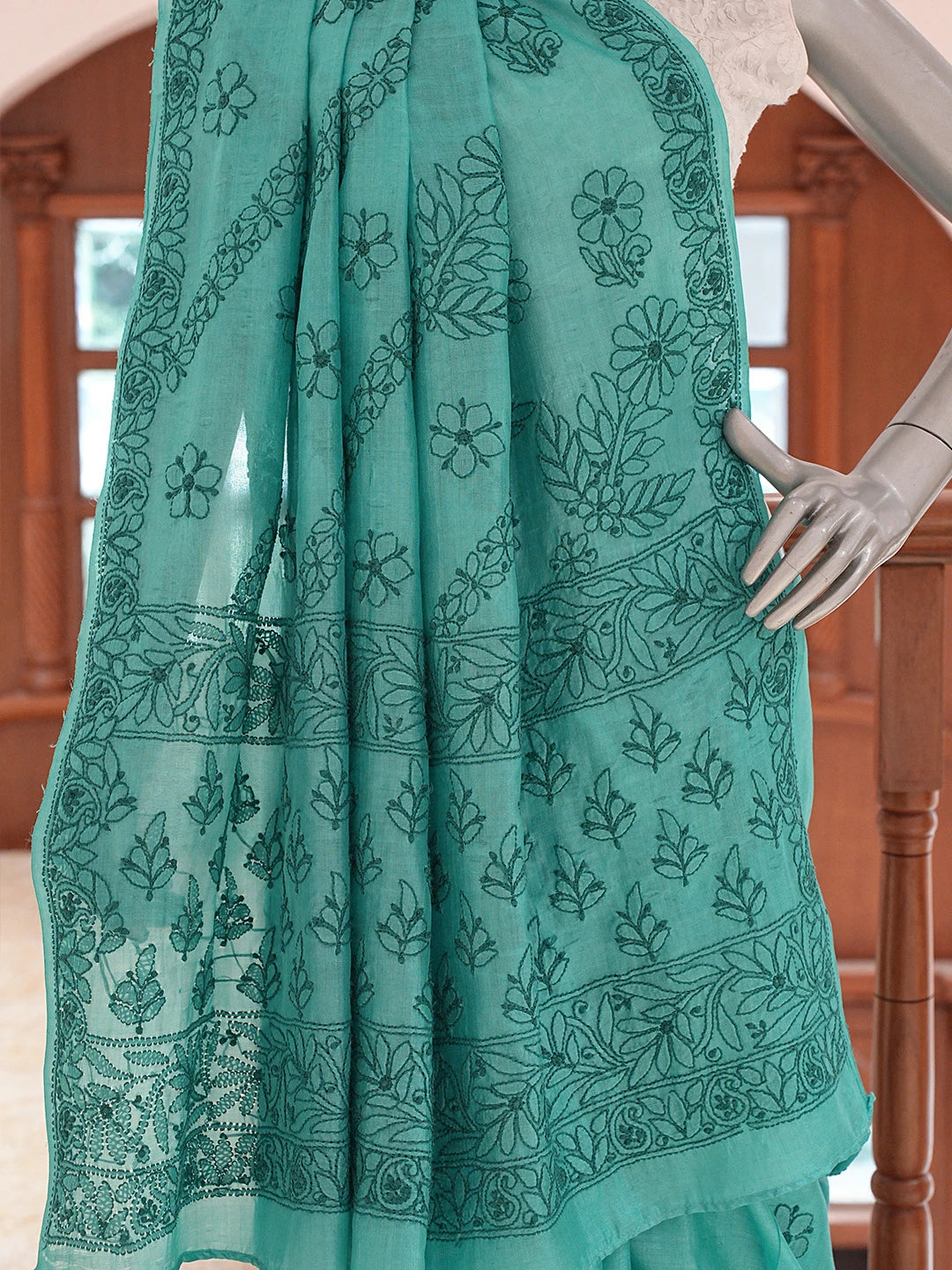 Ada Hand Embroidered Rama Green Silk Lucknowi Chikankari Saree and Blouse 01A591551