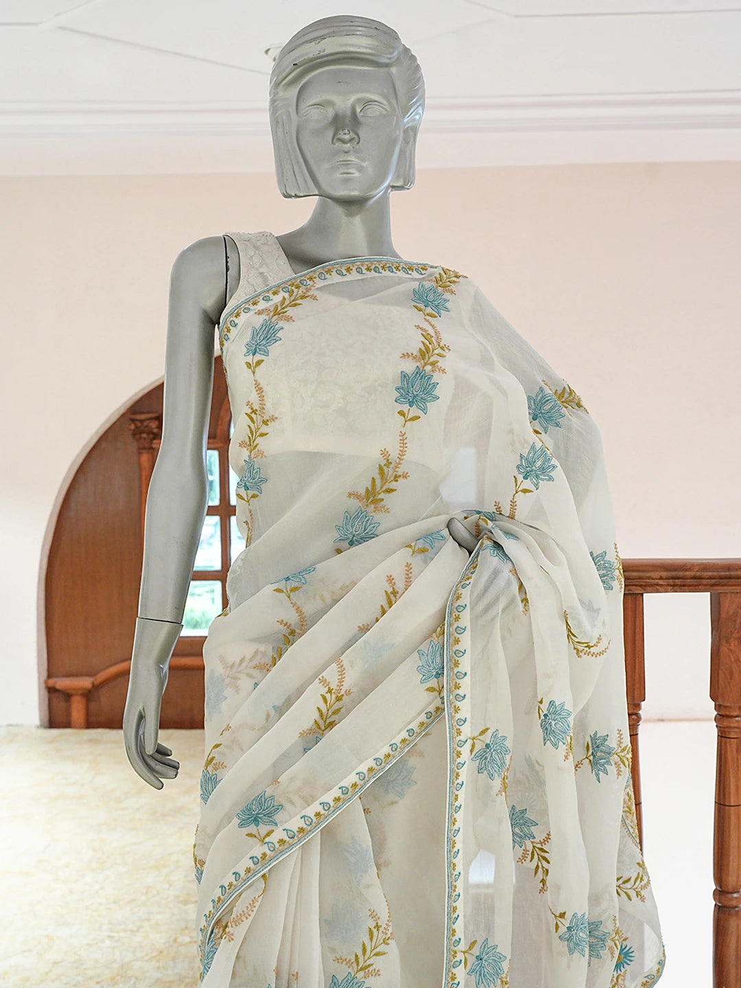 Ada Hand Embroidered White Organza Lucknowi Chikankari Saree and Blouse 01A620355