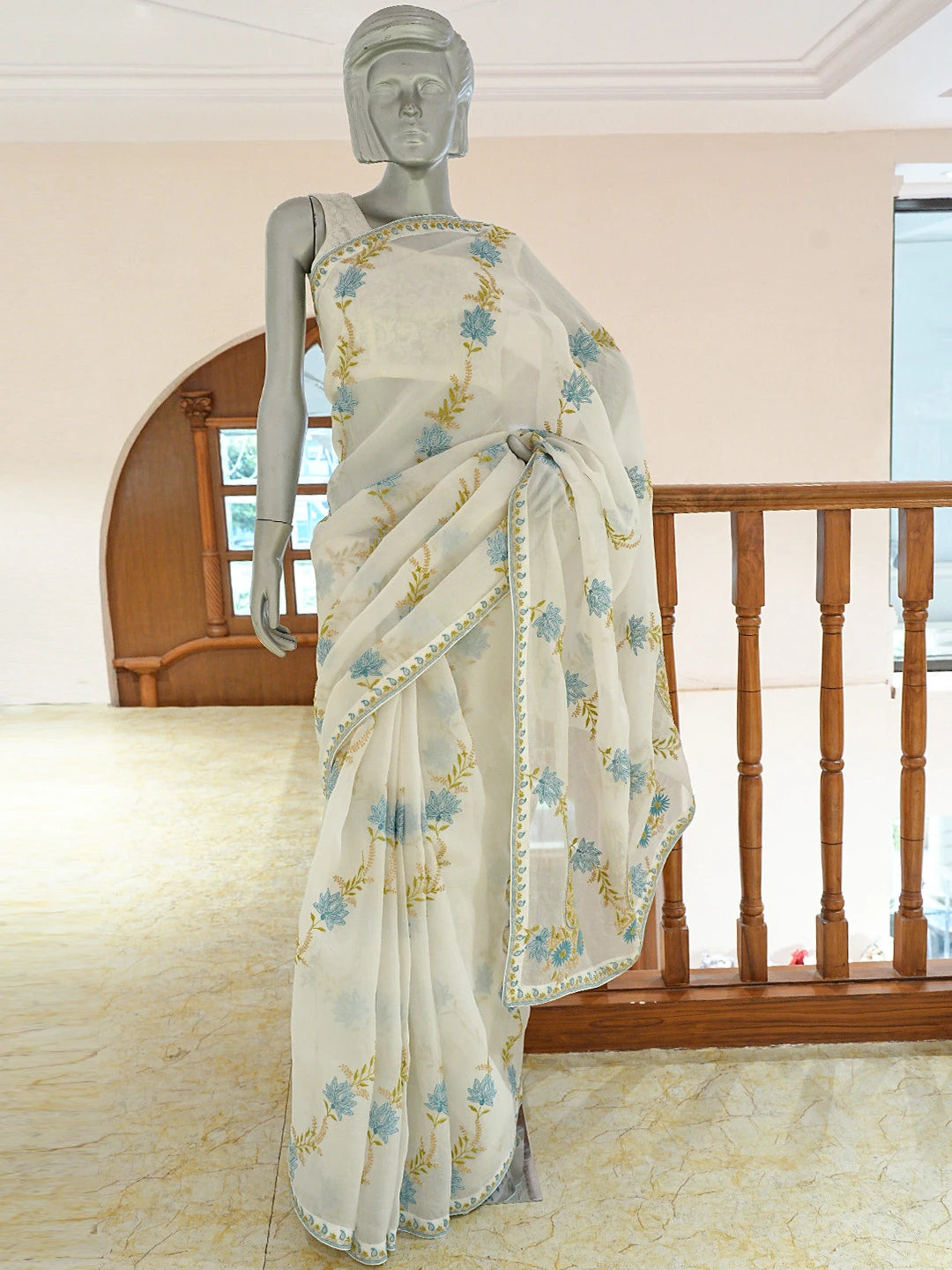 Ada Hand Embroidered White Organza Lucknowi Chikankari Saree and Blouse 01A620355