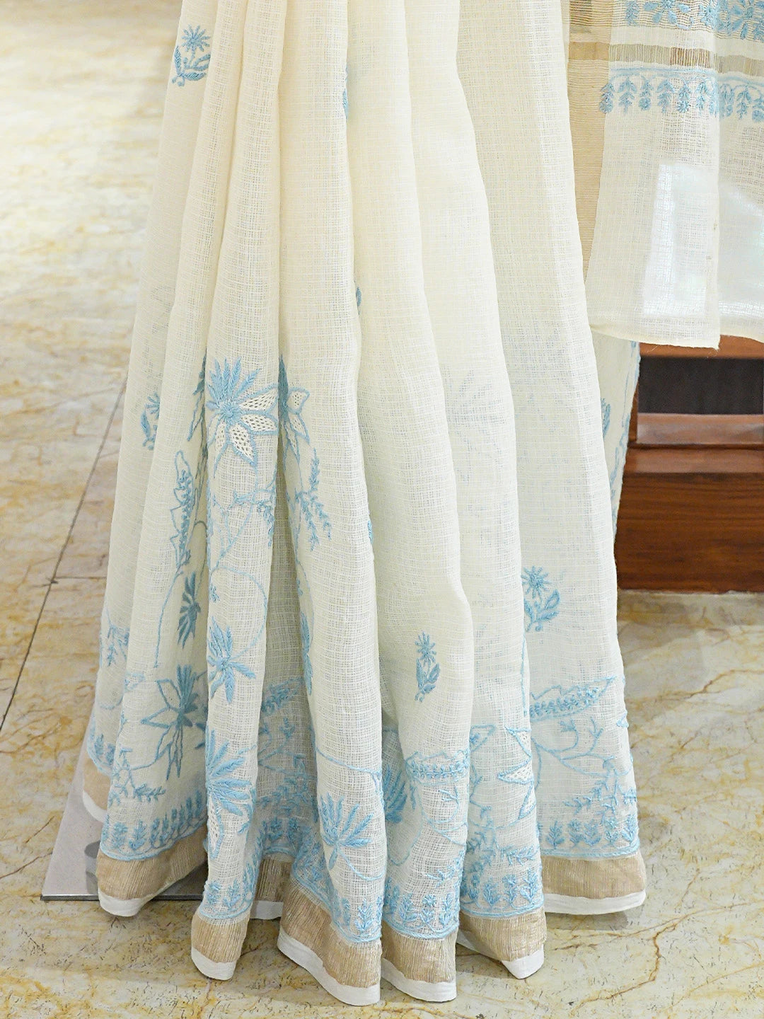 Ada Hand Embroidered Ivory White Organza Lucknowi Chikankari Saree and Blouse 01A715944
