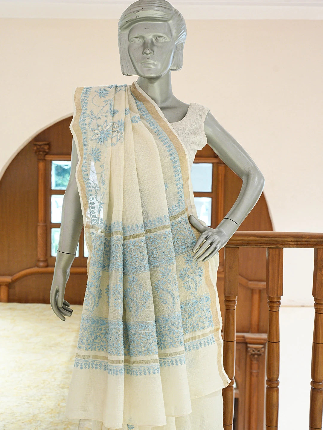Ada Hand Embroidered Ivory White Organza Lucknowi Chikankari Saree and Blouse 01A715944
