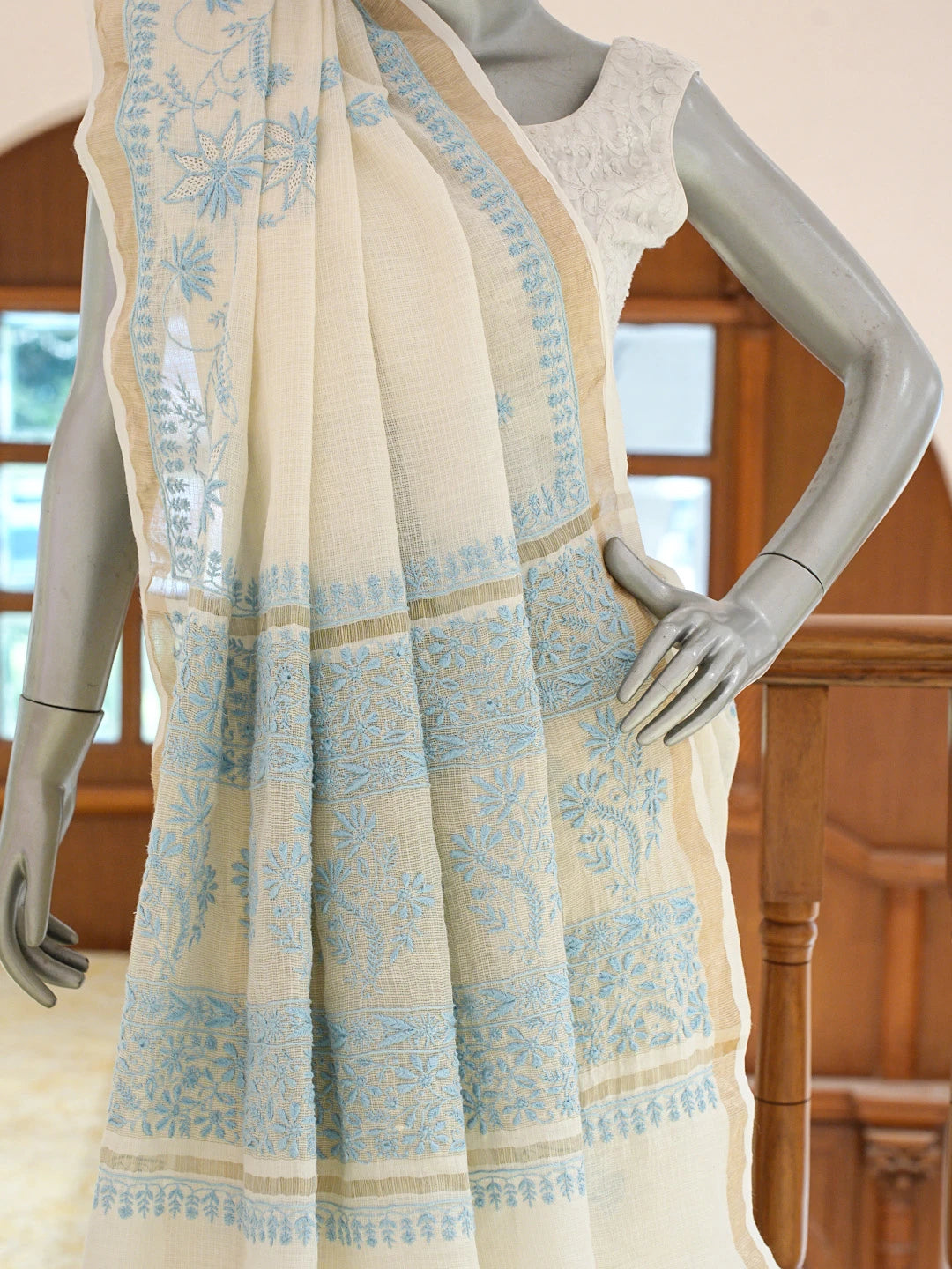 Ada Hand Embroidered Ivory White Organza Lucknowi Chikankari Saree and Blouse 01A715944